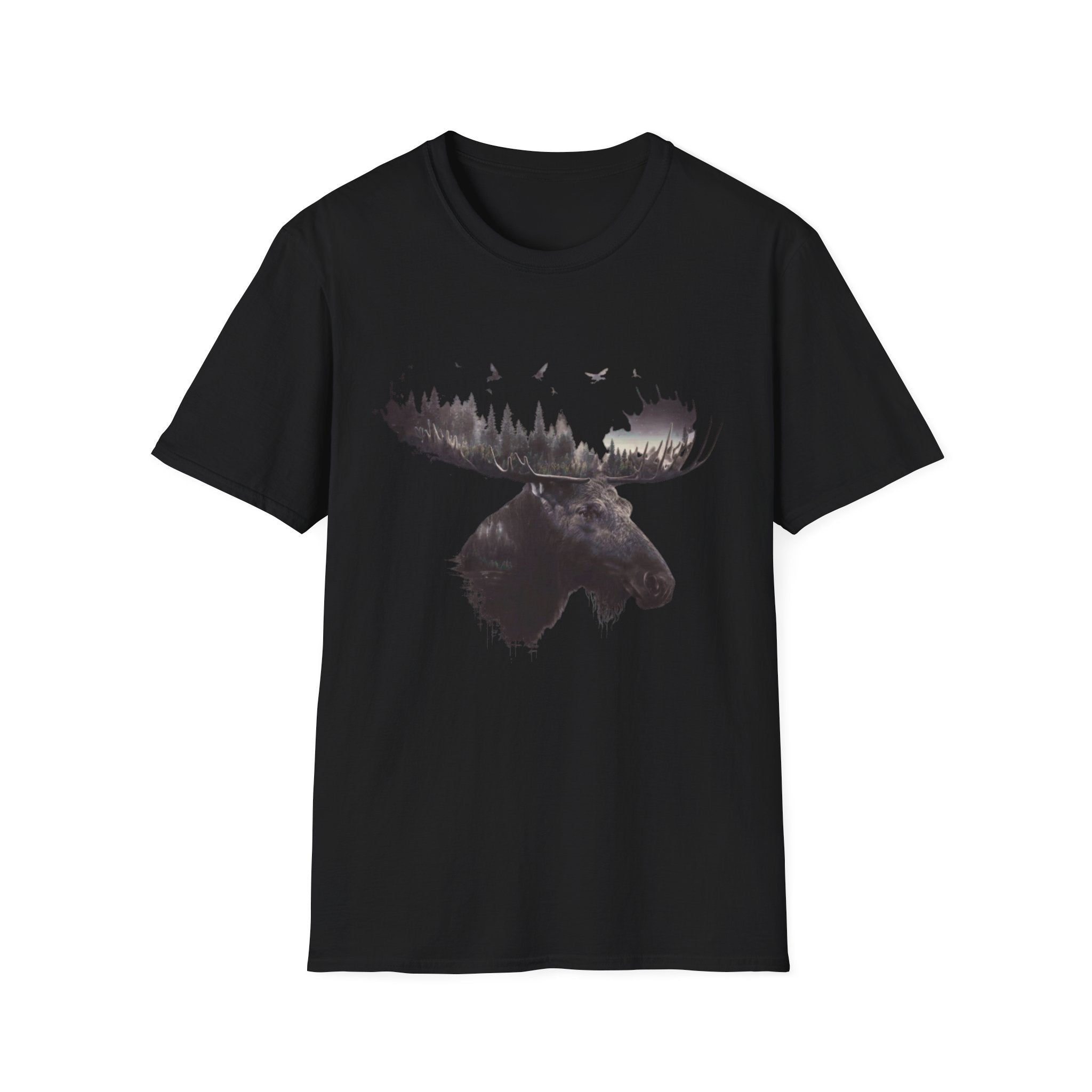Moose Silhouette T-Shirt — Forest Double-Exposure Wildlife Tee