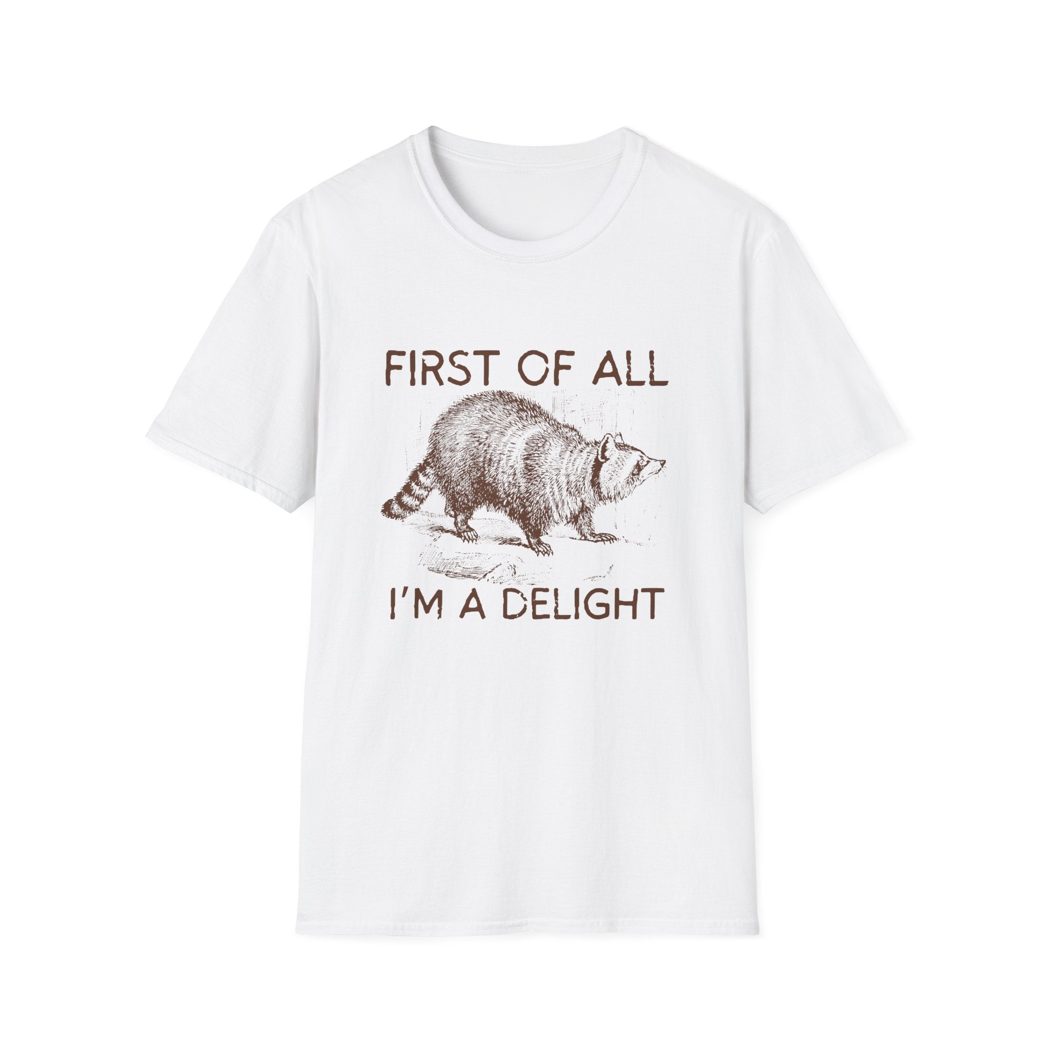 T-Shirt — “First Of All I’m A Delight” Raccoon Vintage Graphic Tee