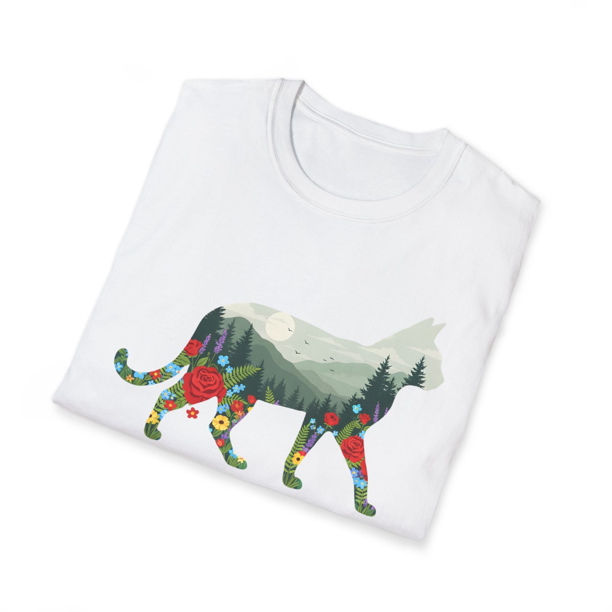 Cat Nature Silhouette T-Shirt — Floral Mountain Landscape Cat Tee