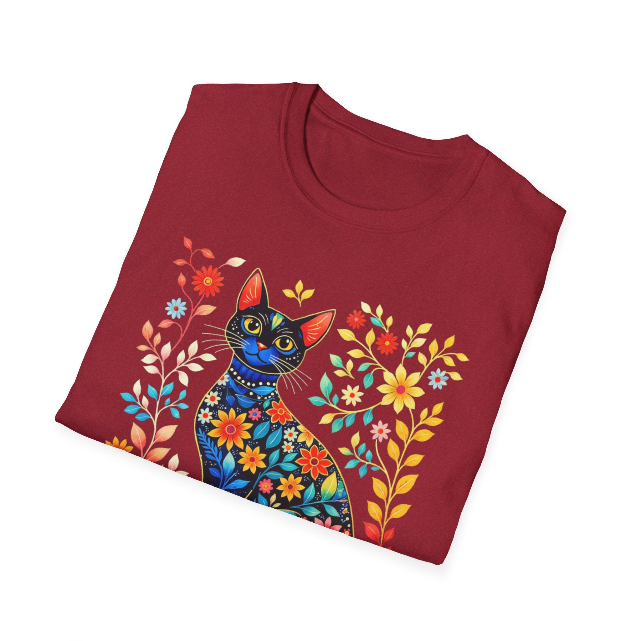 Floral Folk Art Cat T-Shirt — Colorful Boho Cat Tee