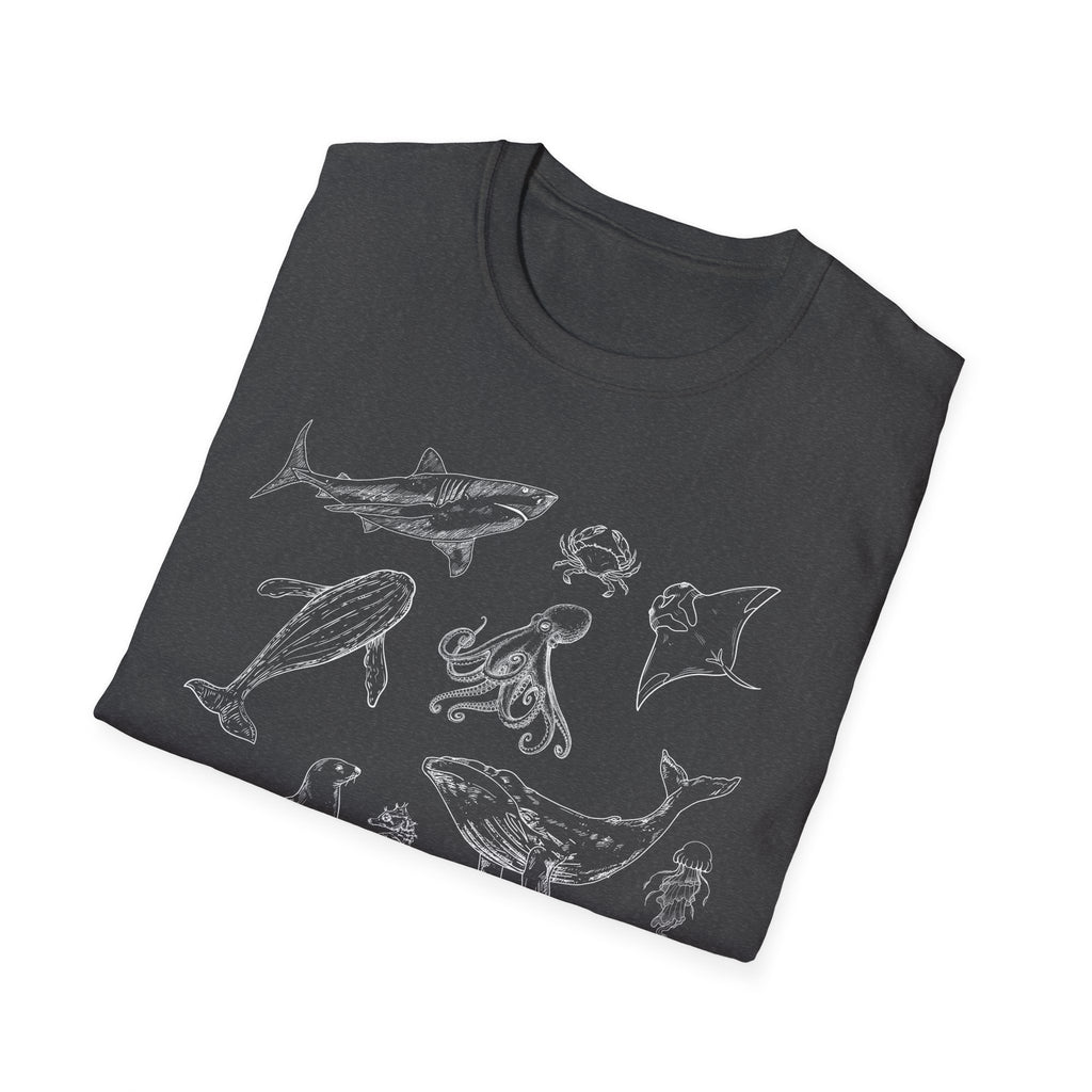 Marine Life Sketch T-Shirt — Minimal Ocean Creatures Illustration