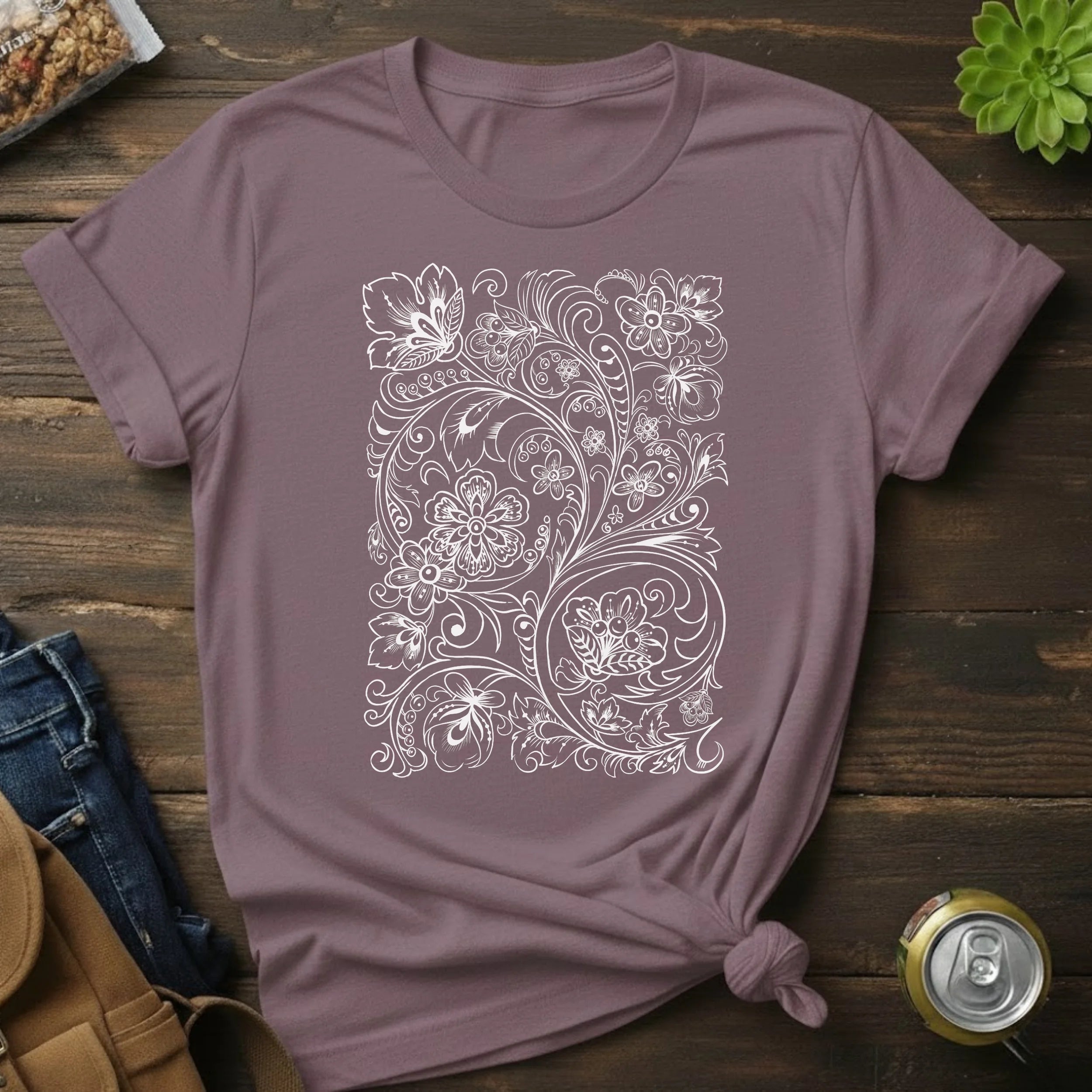 Floral Vine Filigree T-Shirt — Elegant Monochrome Botanical Tee