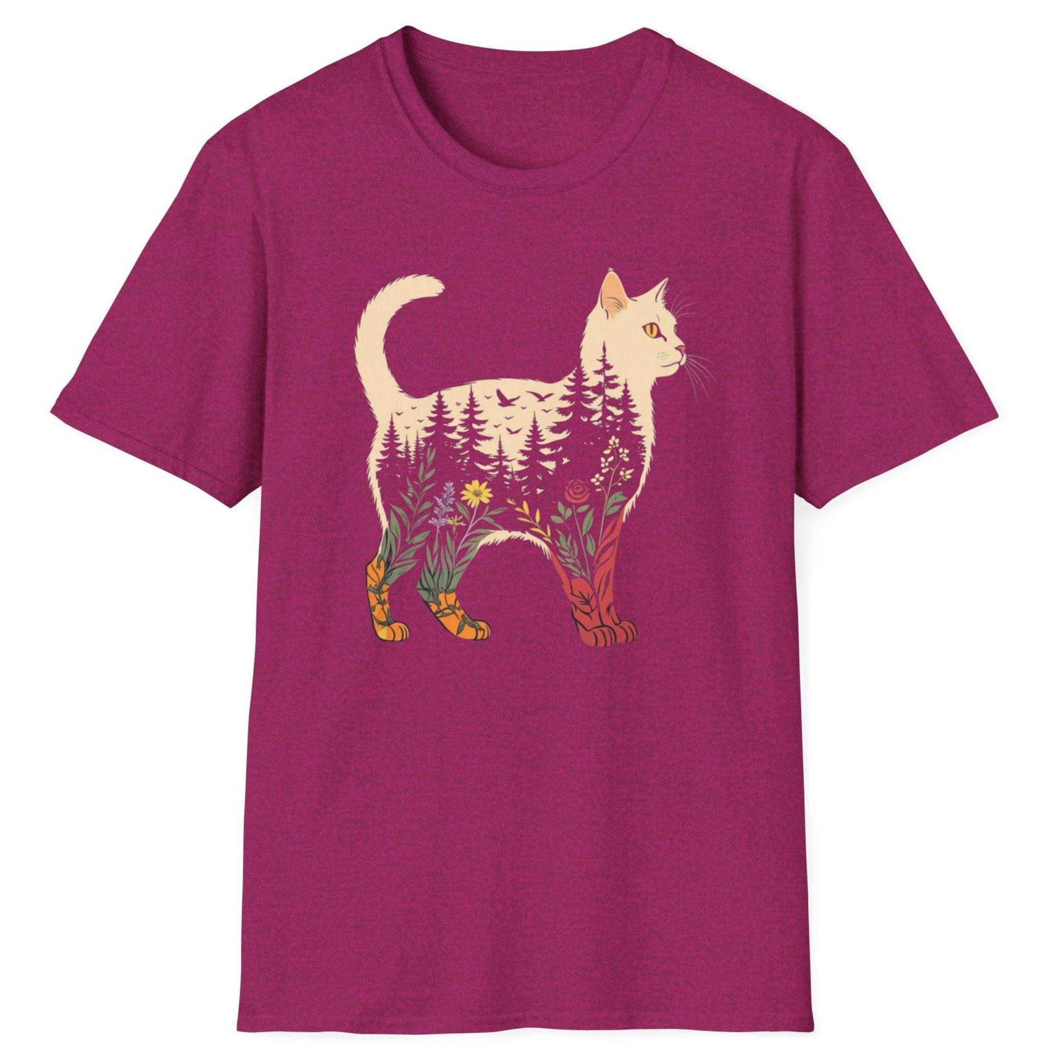Purple t-shirt with a cat design featuring trees and flowers on a white background