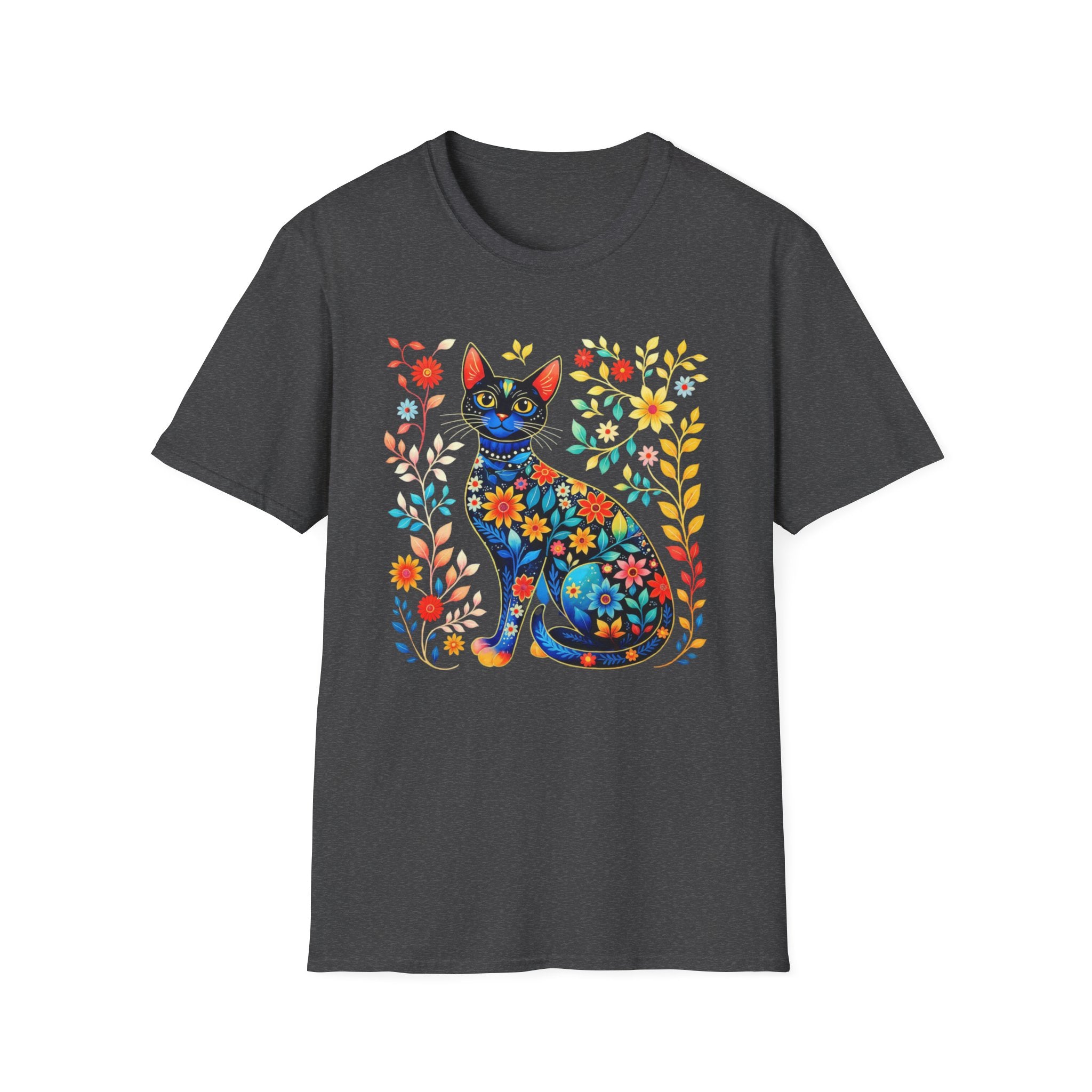 Floral Folk Art Cat T-Shirt — Colorful Boho Cat Tee