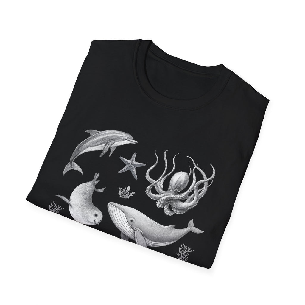 Ocean Wildlife T-Shirt — Monochrome Marine Life Design