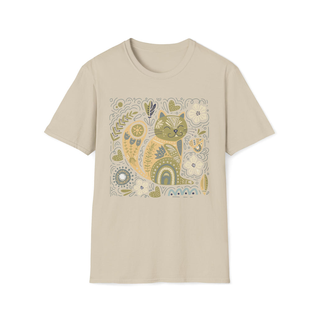 Folk Art Cat T-Shirt — Whimsical Floral Kitty Tee