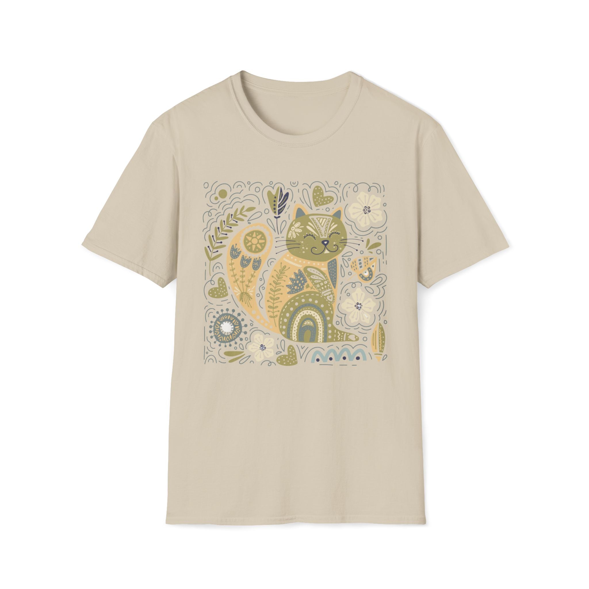 Folk Art Cat T-Shirt — Whimsical Floral Kitty Tee