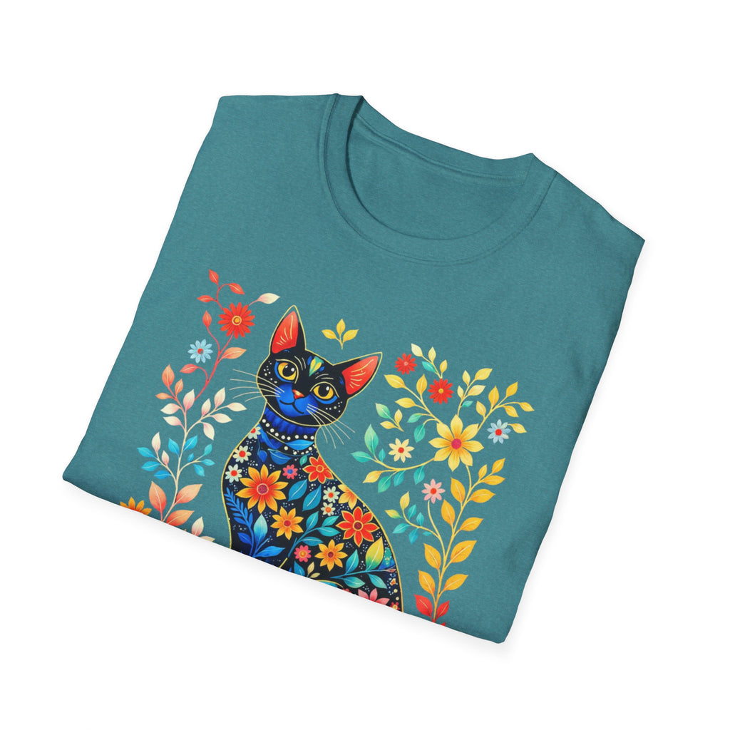 Floral Folk Art Cat T-Shirt — Colorful Boho Cat Tee