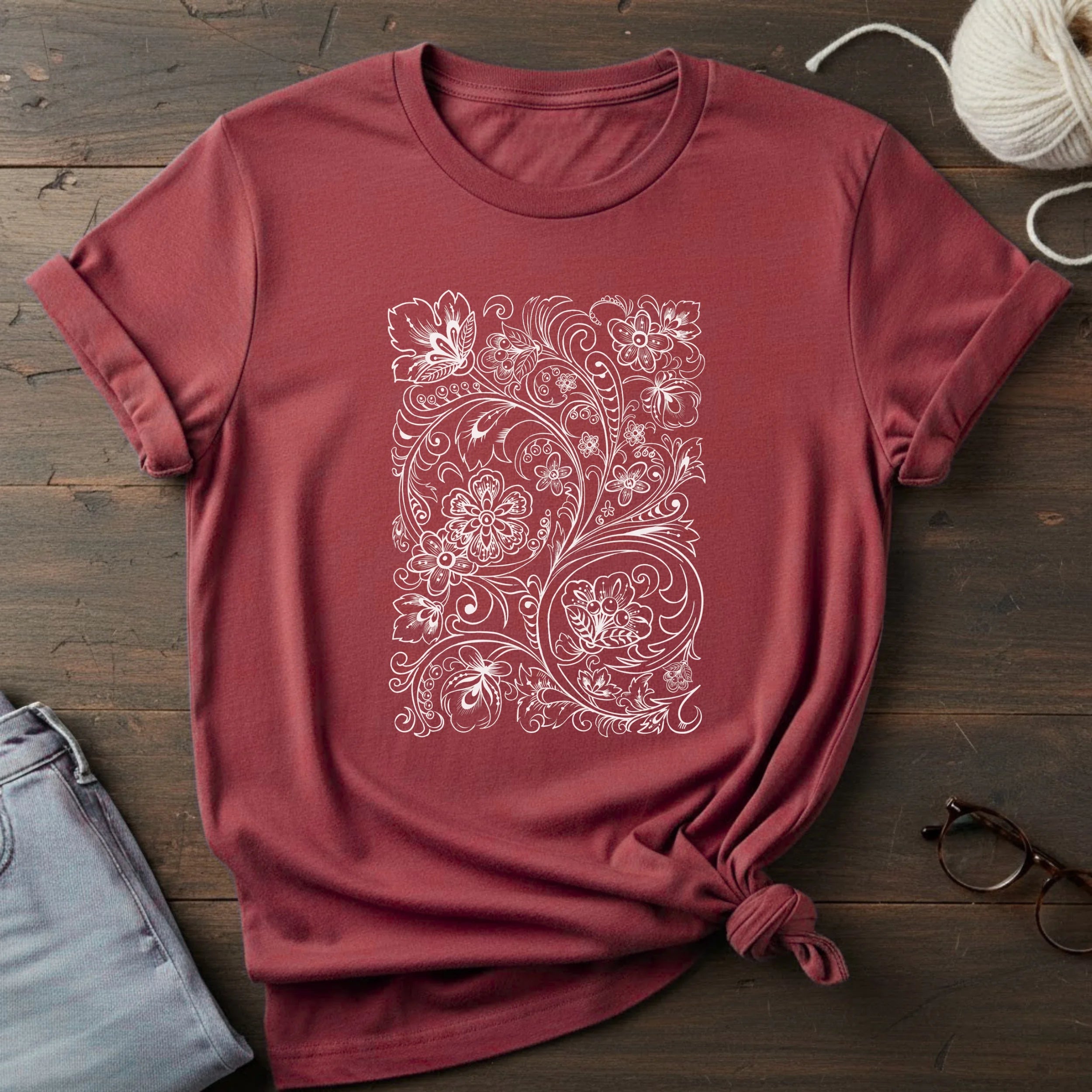 Floral Vine Filigree T-Shirt — Elegant Monochrome Botanical Tee