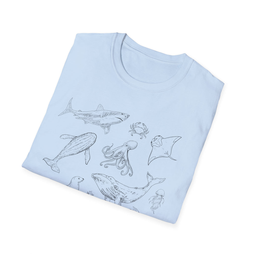 Marine Life Sketch T-Shirt — Minimal Ocean Creatures Illustration