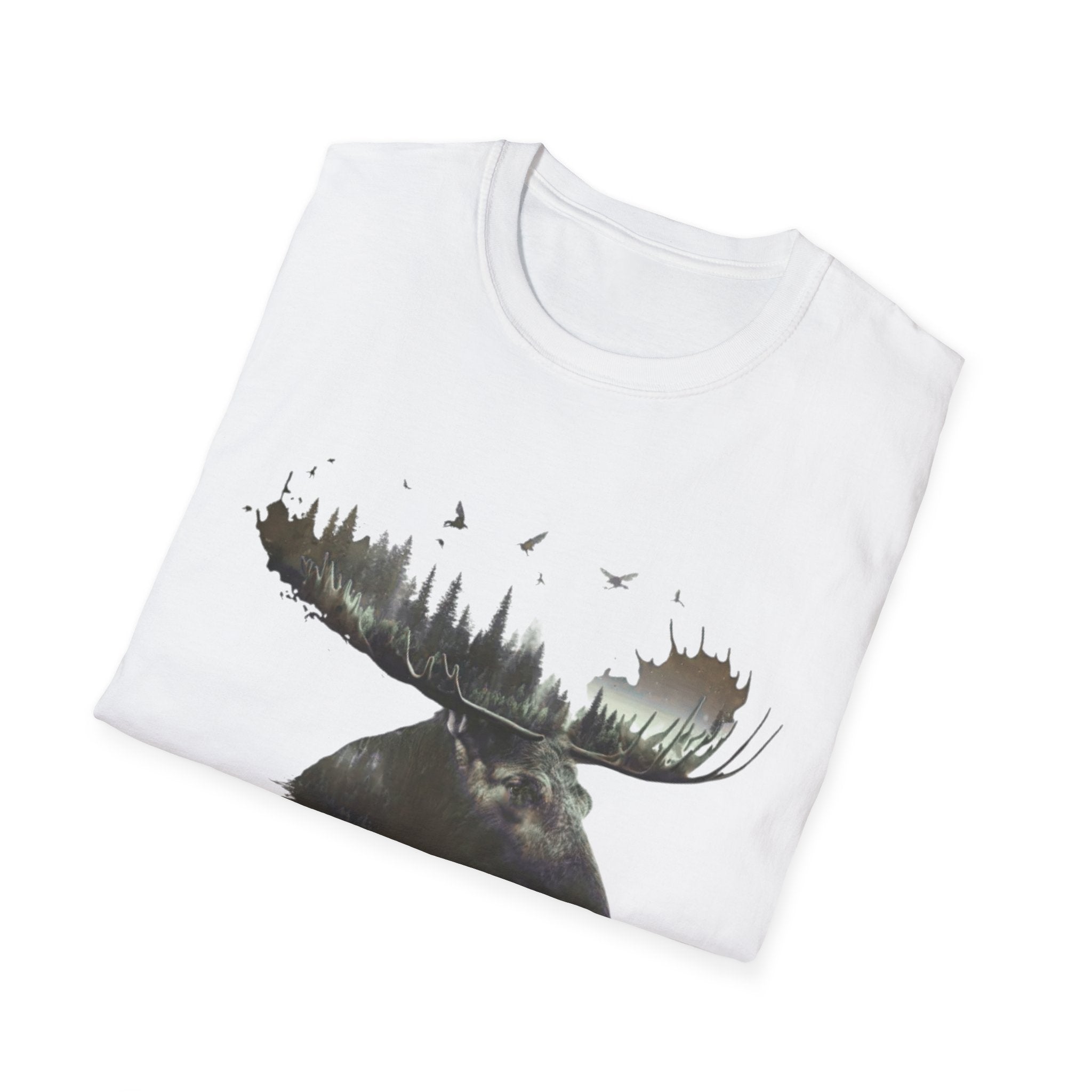 Moose Silhouette T-Shirt — Forest Double-Exposure Wildlife Tee