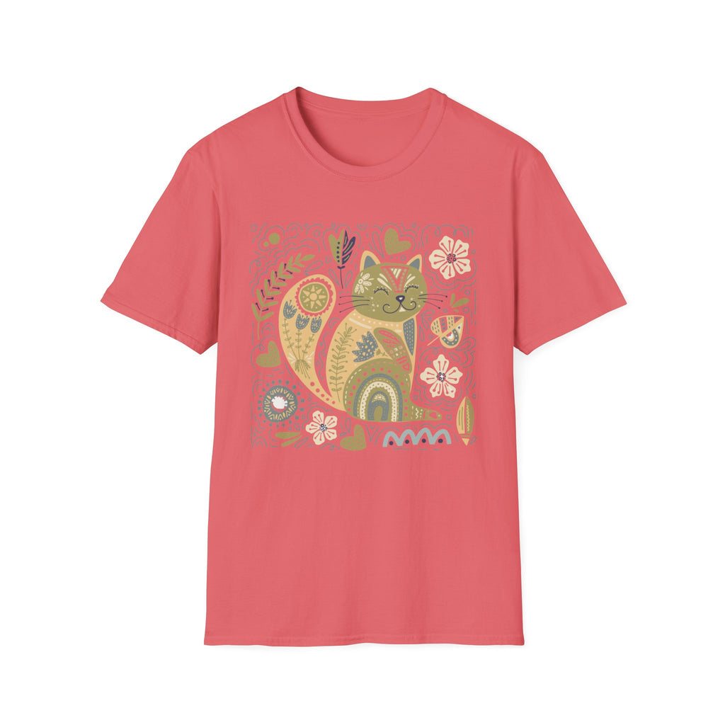 Folk Art Cat T-Shirt — Whimsical Floral Kitty Tee