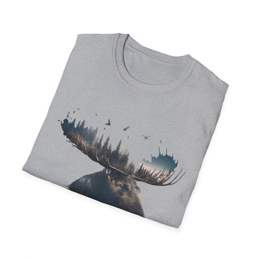 Moose Silhouette T-Shirt — Forest Double-Exposure Wildlife Tee