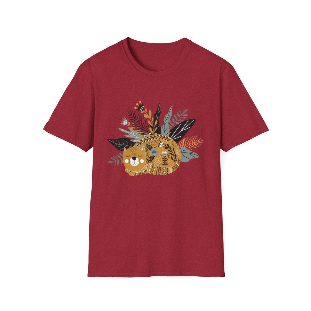 Cat Floral Tee — Cozy Patterned Cat with Botanical Leaves T-Shirt