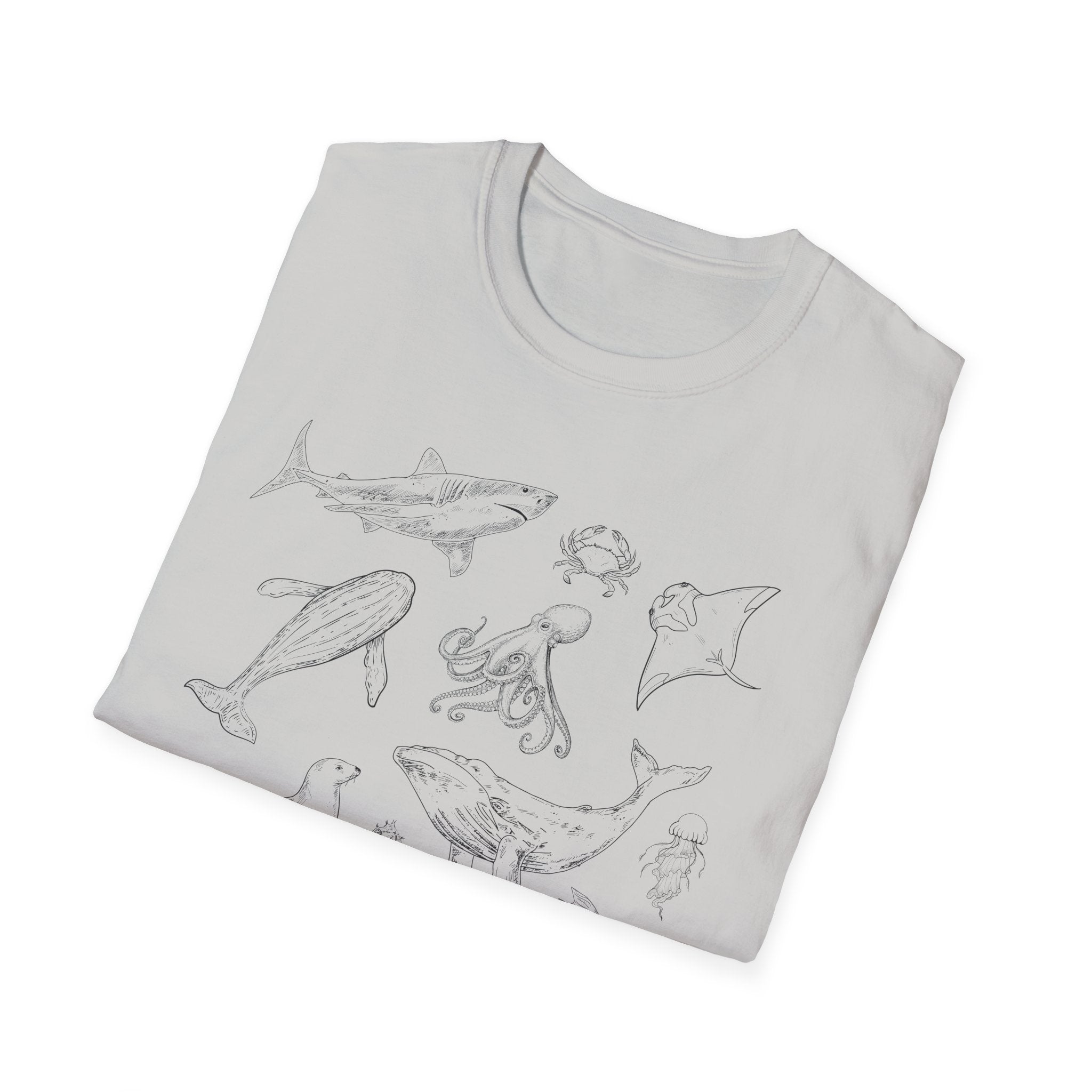 Marine Life Sketch T-Shirt — Minimal Ocean Creatures Illustration