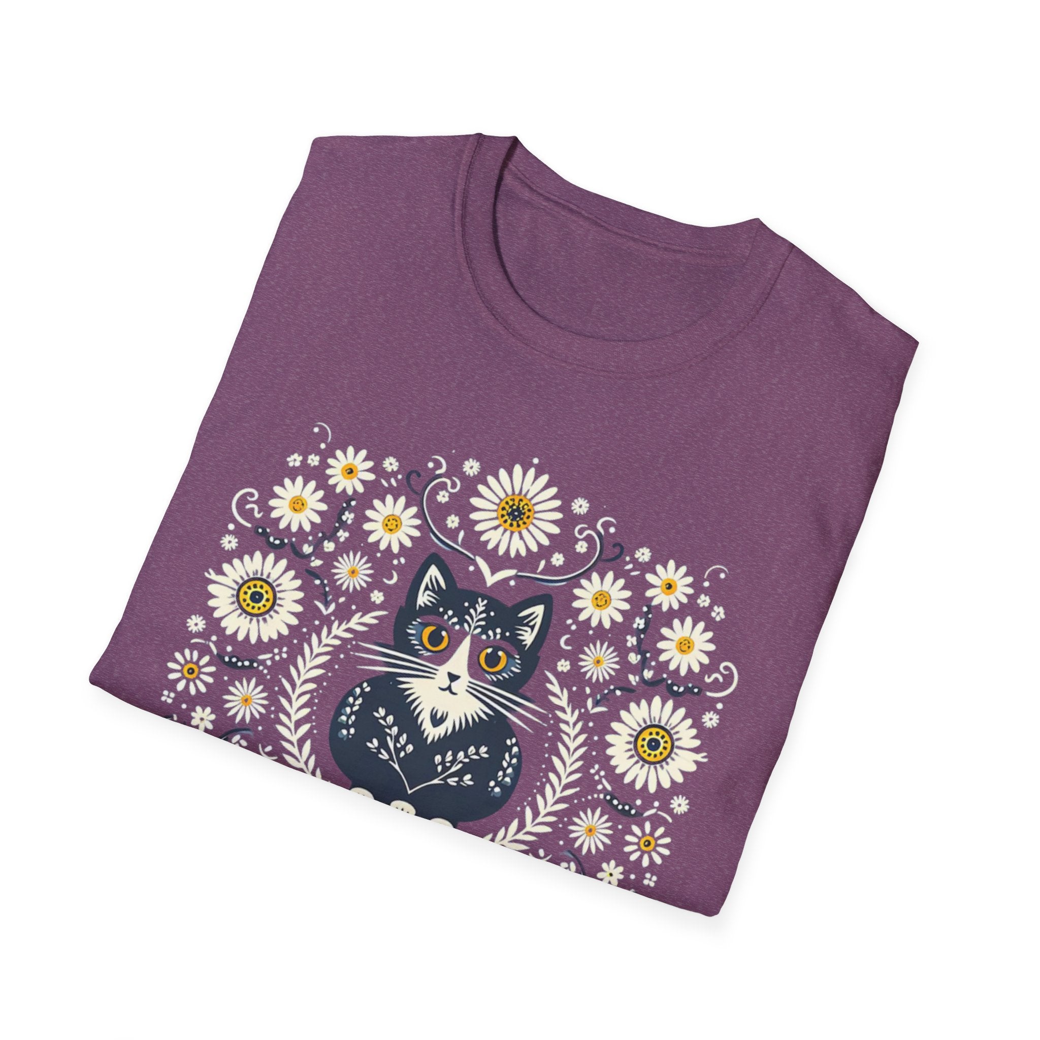 Cat Floral T-Shirt — Folk Art Kitty with Daisies