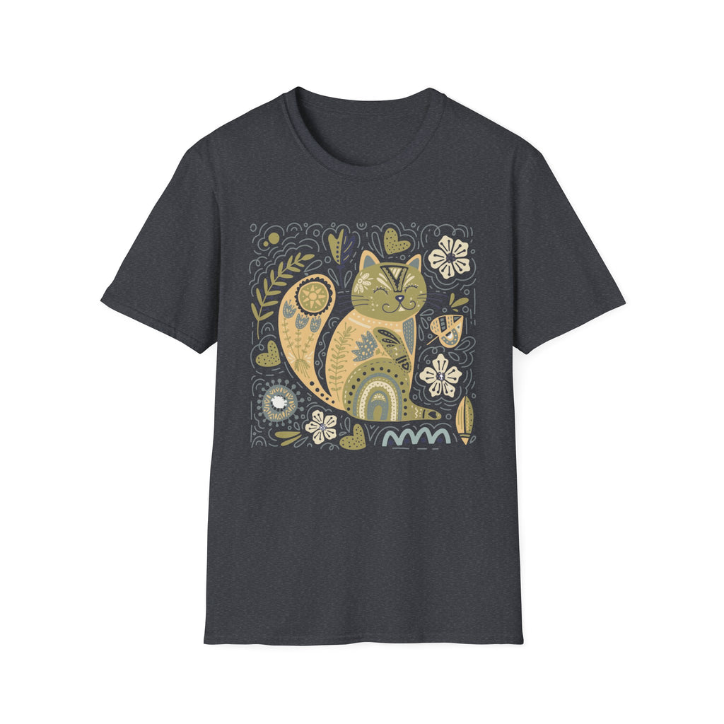 Folk Art Cat T-Shirt — Whimsical Floral Kitty Tee