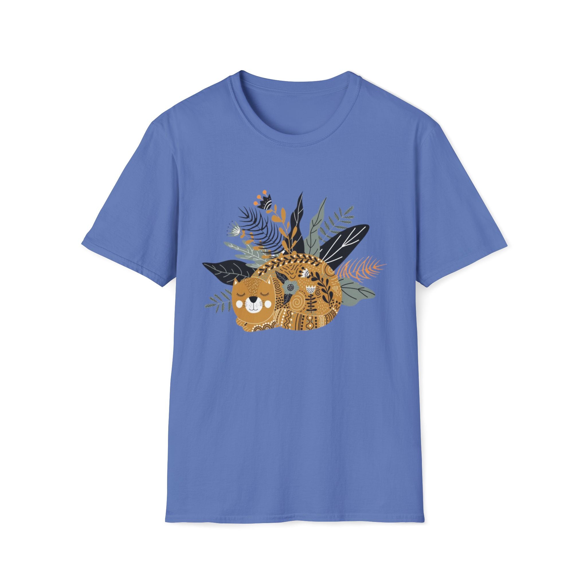 Cat Floral Tee — Cozy Patterned Cat with Botanical Leaves T-Shirt