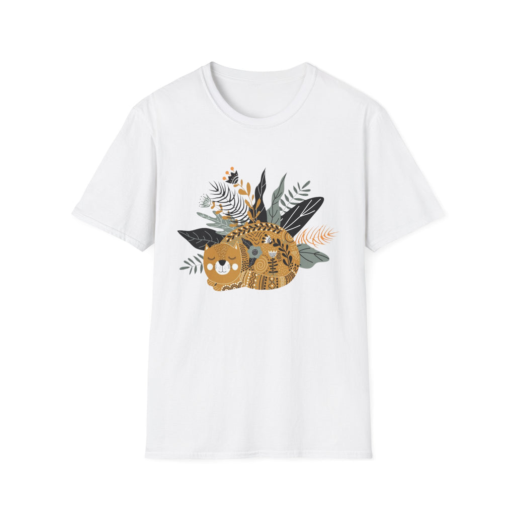 Cat Floral Tee — Cozy Patterned Cat with Botanical Leaves T-Shirt
