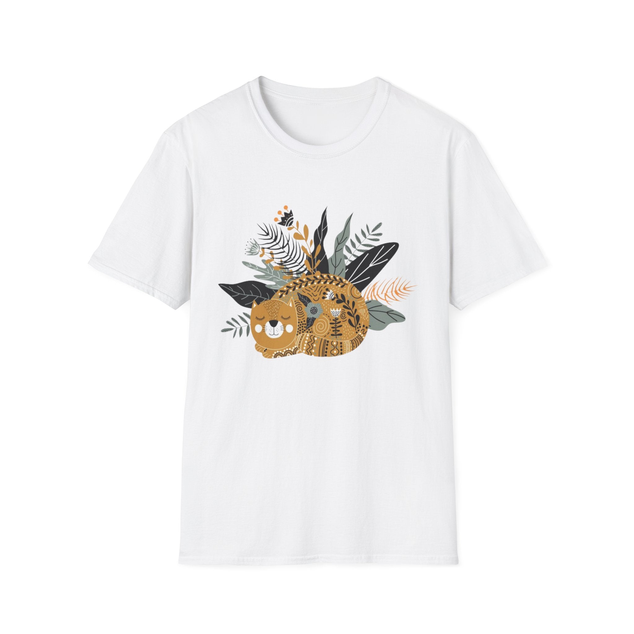 Cat Floral Tee — Cozy Patterned Cat with Botanical Leaves T-Shirt