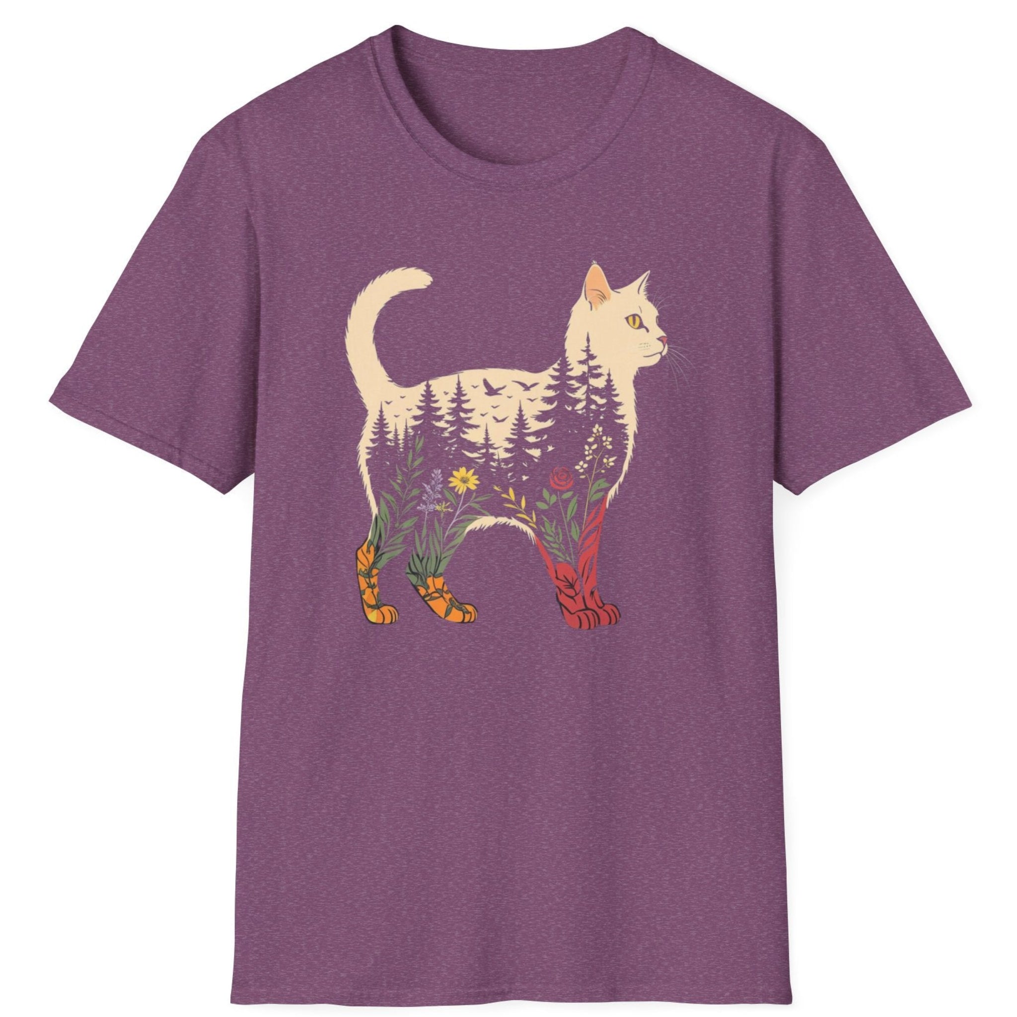 Purple t-shirt with a cat design featuring trees and flowers on a white background