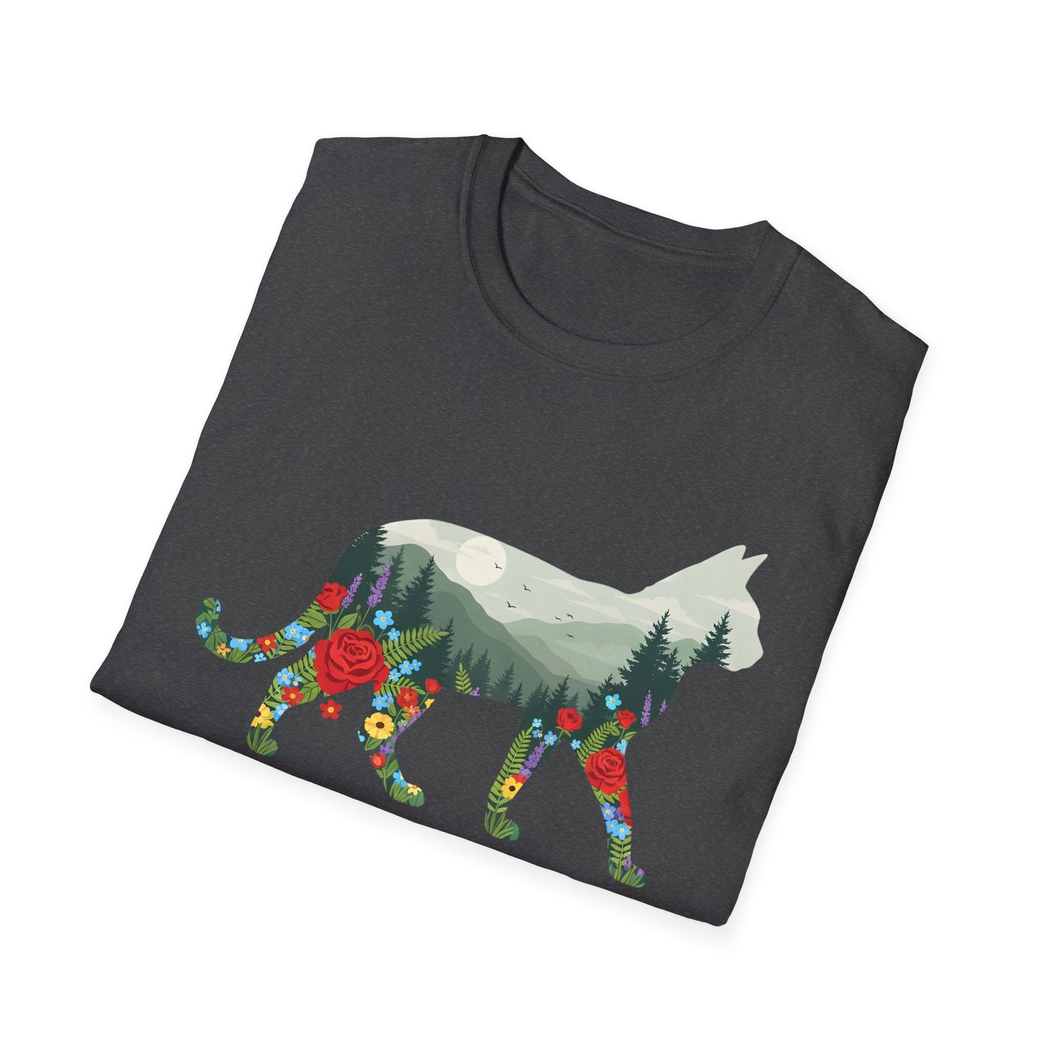 Cat Nature Silhouette T-Shirt — Floral Mountain Landscape Cat Tee