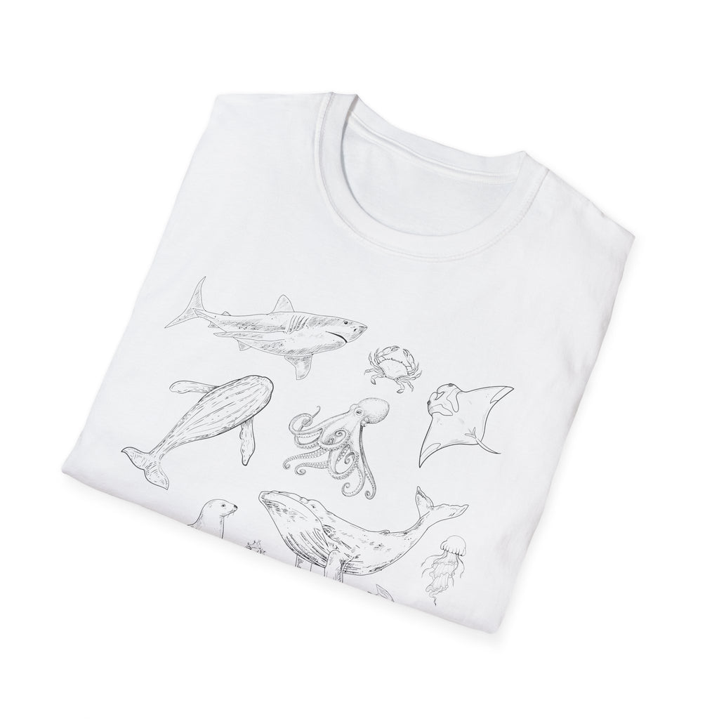 Marine Life Sketch T-Shirt — Minimal Ocean Creatures Illustration