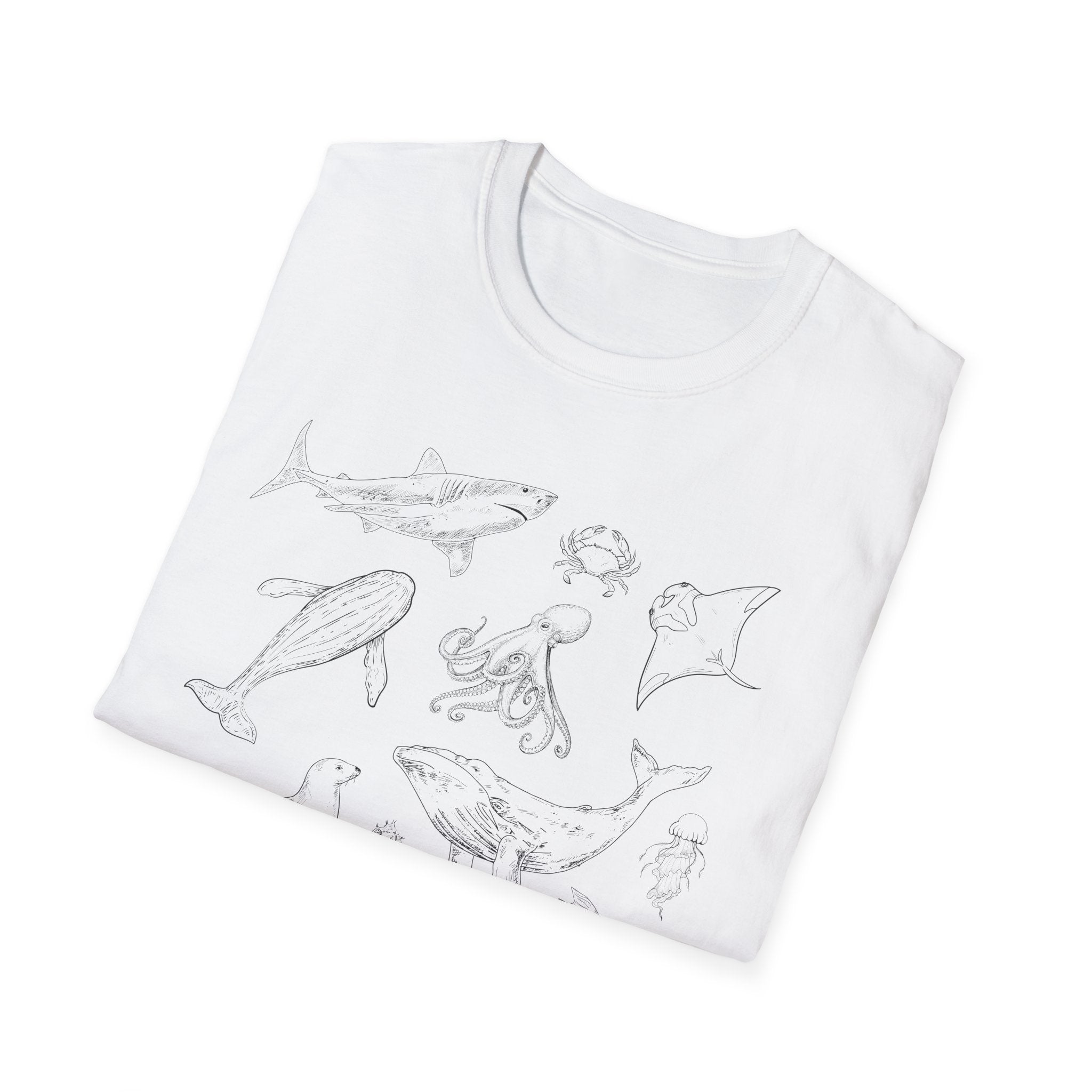 Marine Life Sketch T-Shirt — Minimal Ocean Creatures Illustration