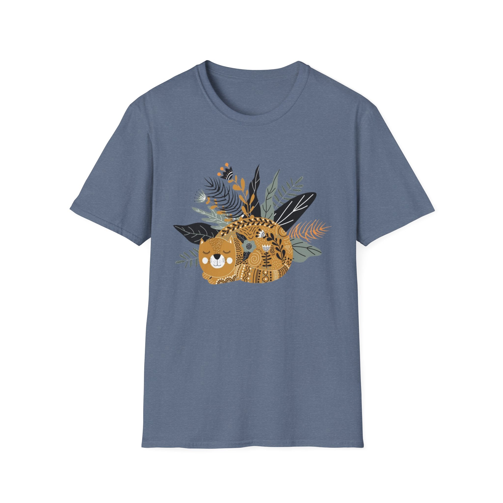 Cat Floral Tee — Cozy Patterned Cat with Botanical Leaves T-Shirt