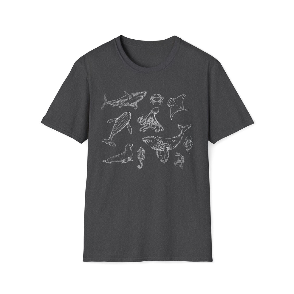 Marine Life Sketch T-Shirt — Minimal Ocean Creatures Illustration