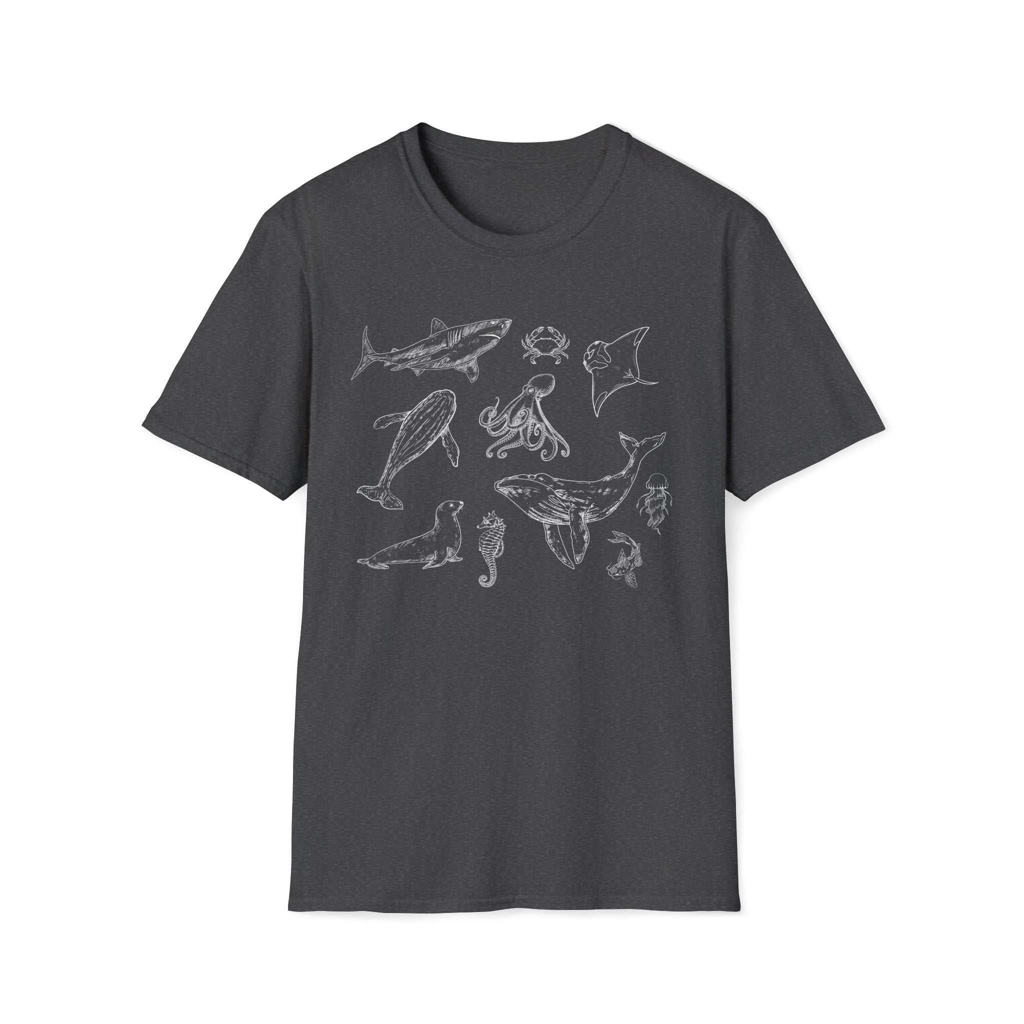 Marine Life Sketch T-Shirt — Minimal Ocean Creatures Illustration