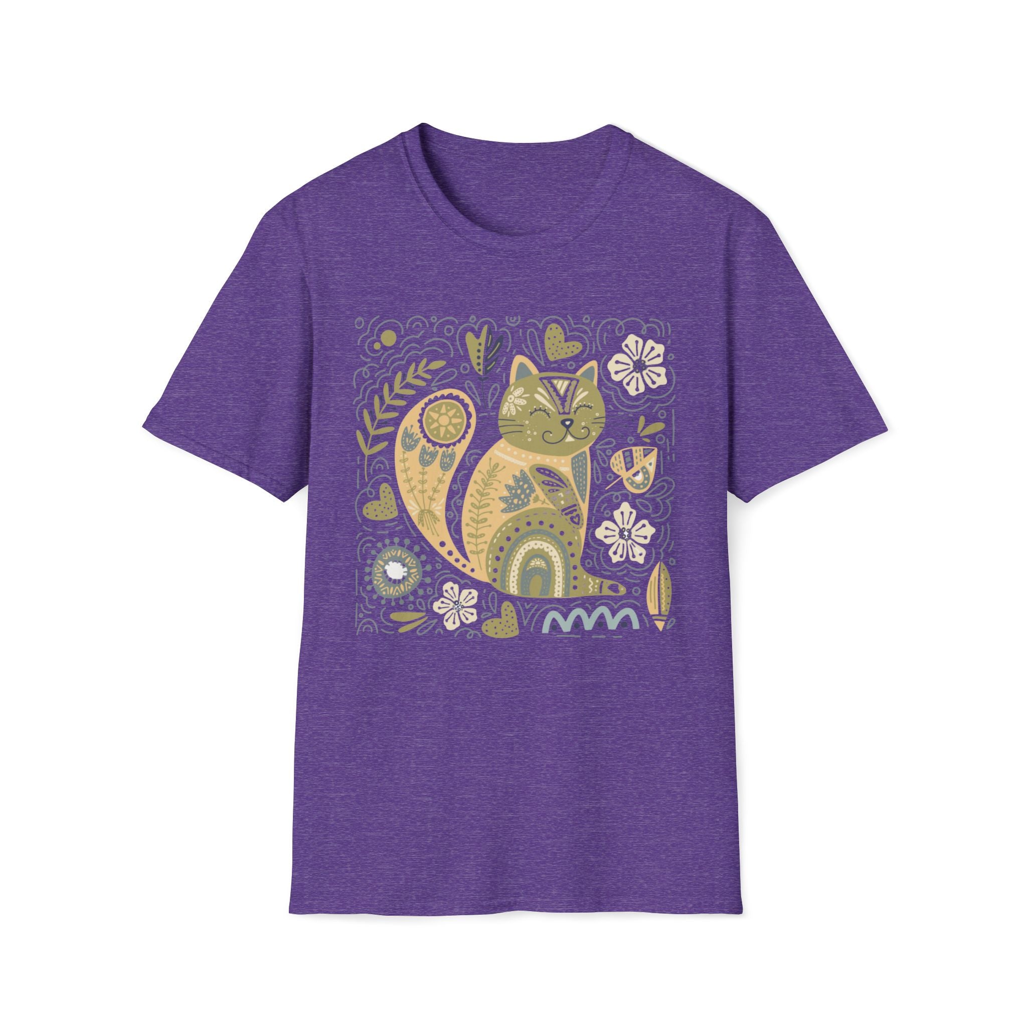 Folk Art Cat T-Shirt — Whimsical Floral Kitty Tee