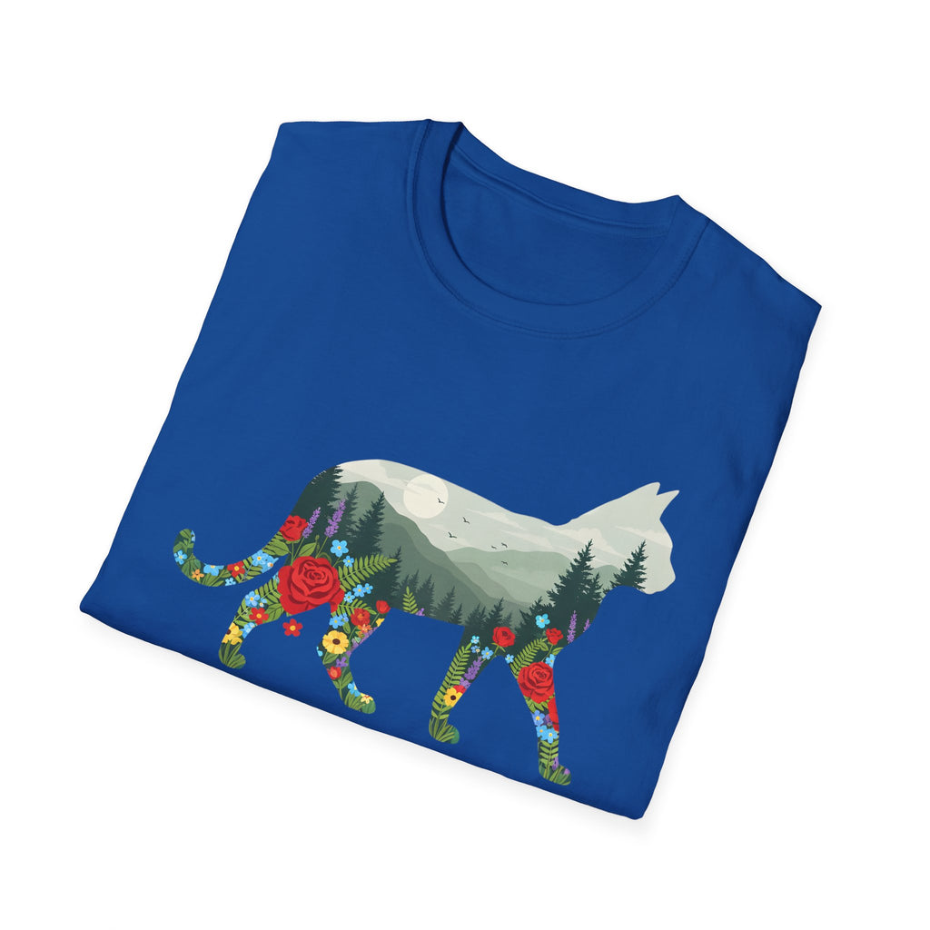 Cat Nature Silhouette T-Shirt — Floral Mountain Landscape Cat Tee