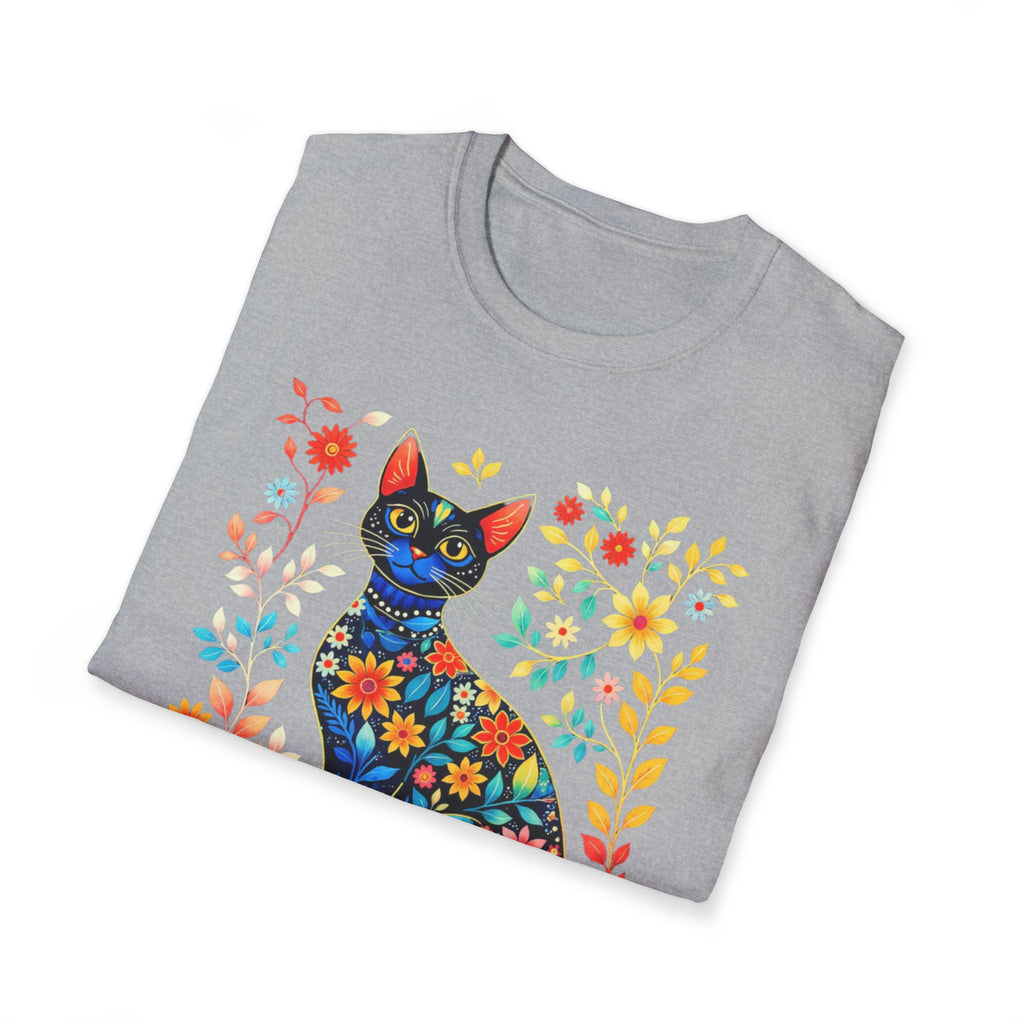 Floral Folk Art Cat T-Shirt — Colorful Boho Cat Tee