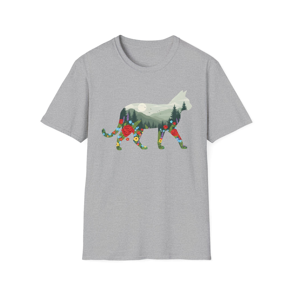 Cat Nature Silhouette T-Shirt — Floral Mountain Landscape Cat Tee