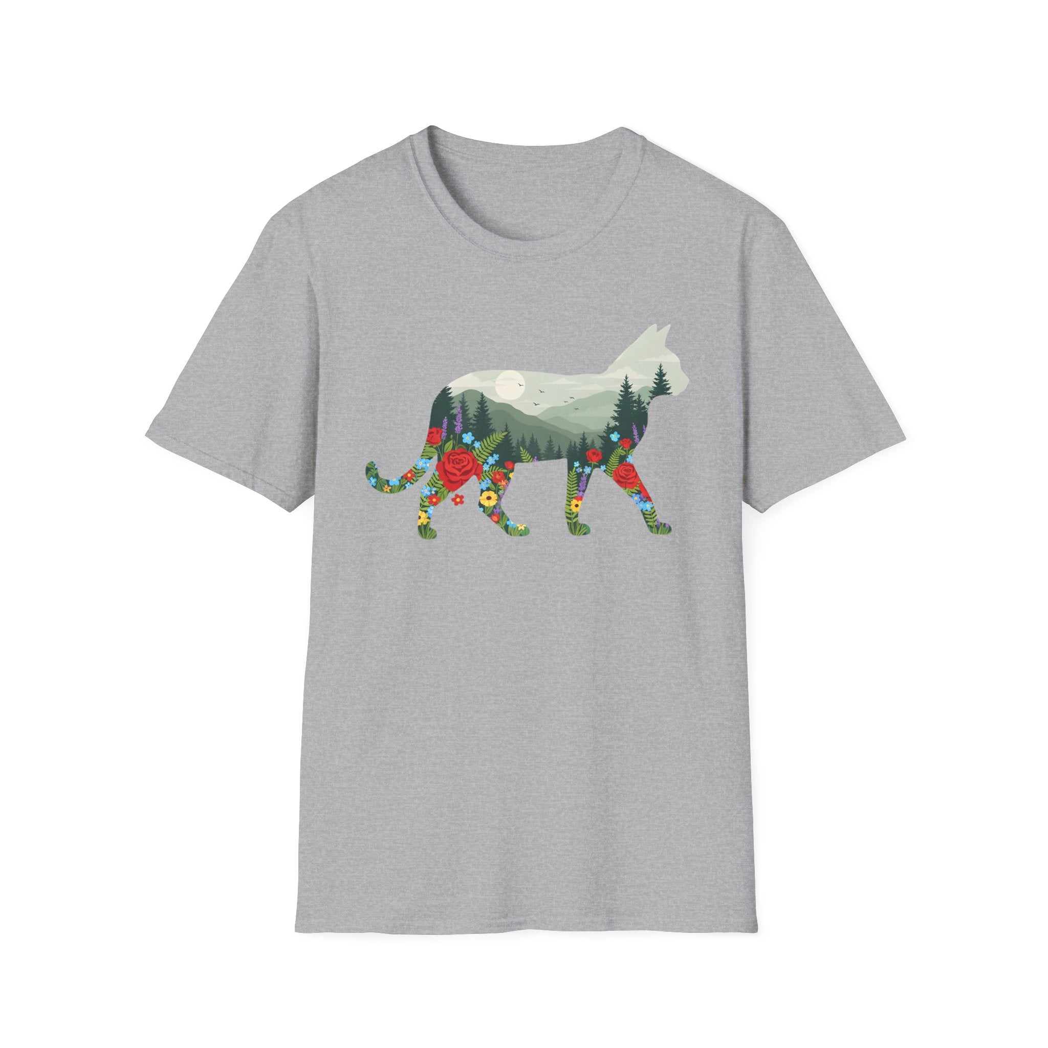 Cat Nature Silhouette T-Shirt — Floral Mountain Landscape Cat Tee