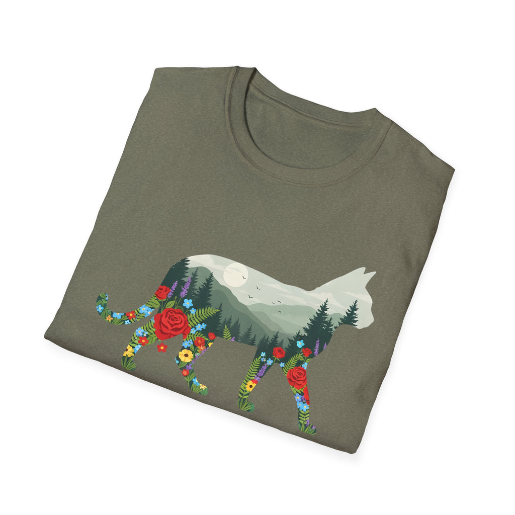 Cat Nature Silhouette T-Shirt — Floral Mountain Landscape Cat Tee