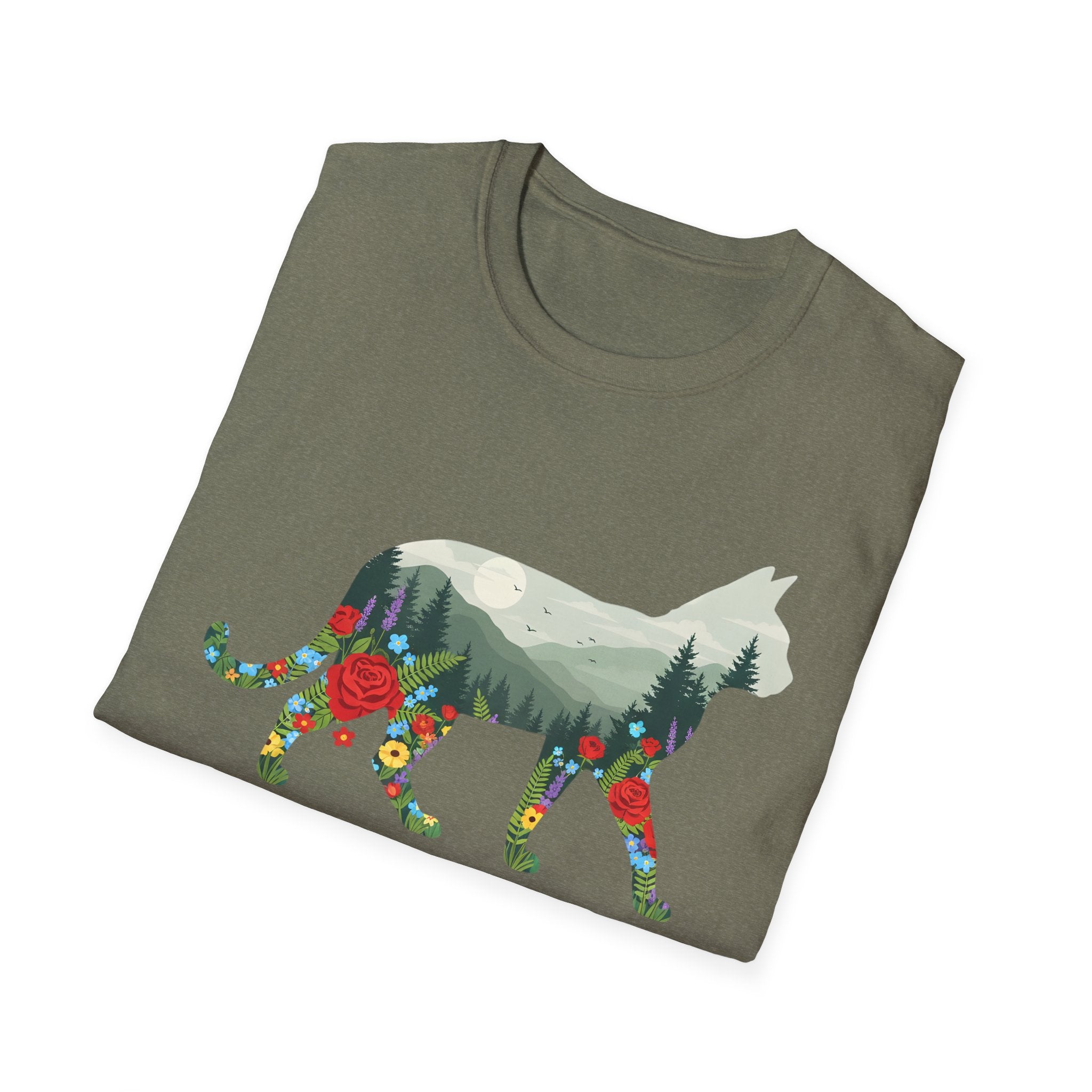 Cat Nature Silhouette T-Shirt — Floral Mountain Landscape Cat Tee