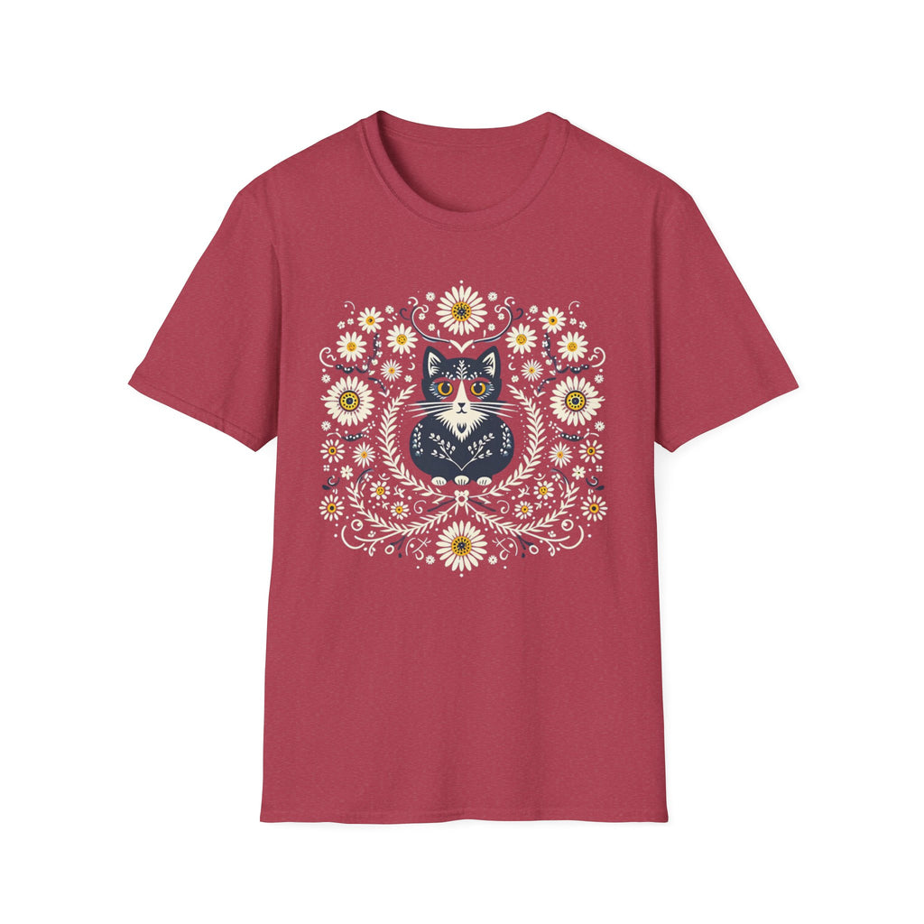 Cat Floral T-Shirt — Folk Art Kitty with Daisies