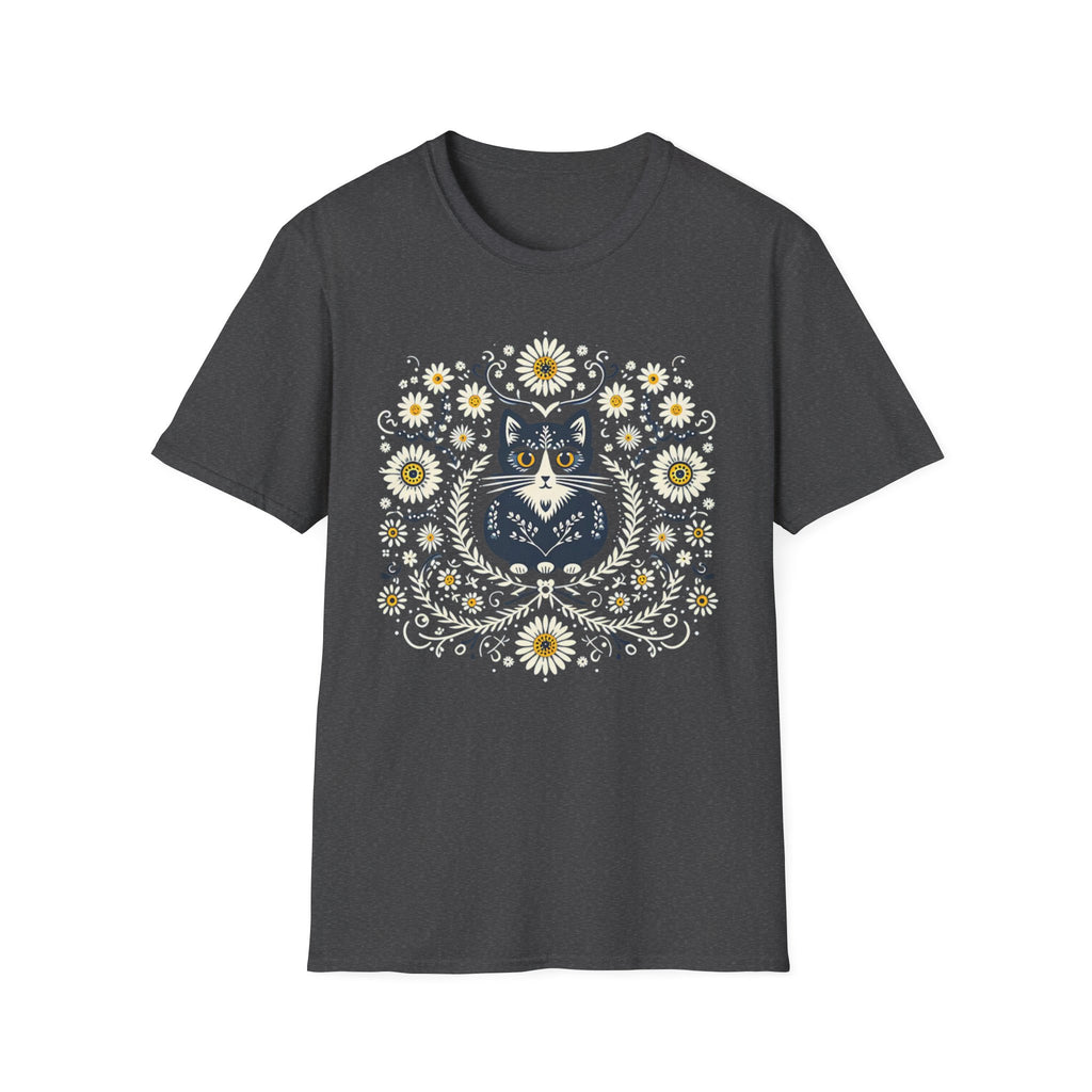 Cat Floral T-Shirt — Folk Art Kitty with Daisies