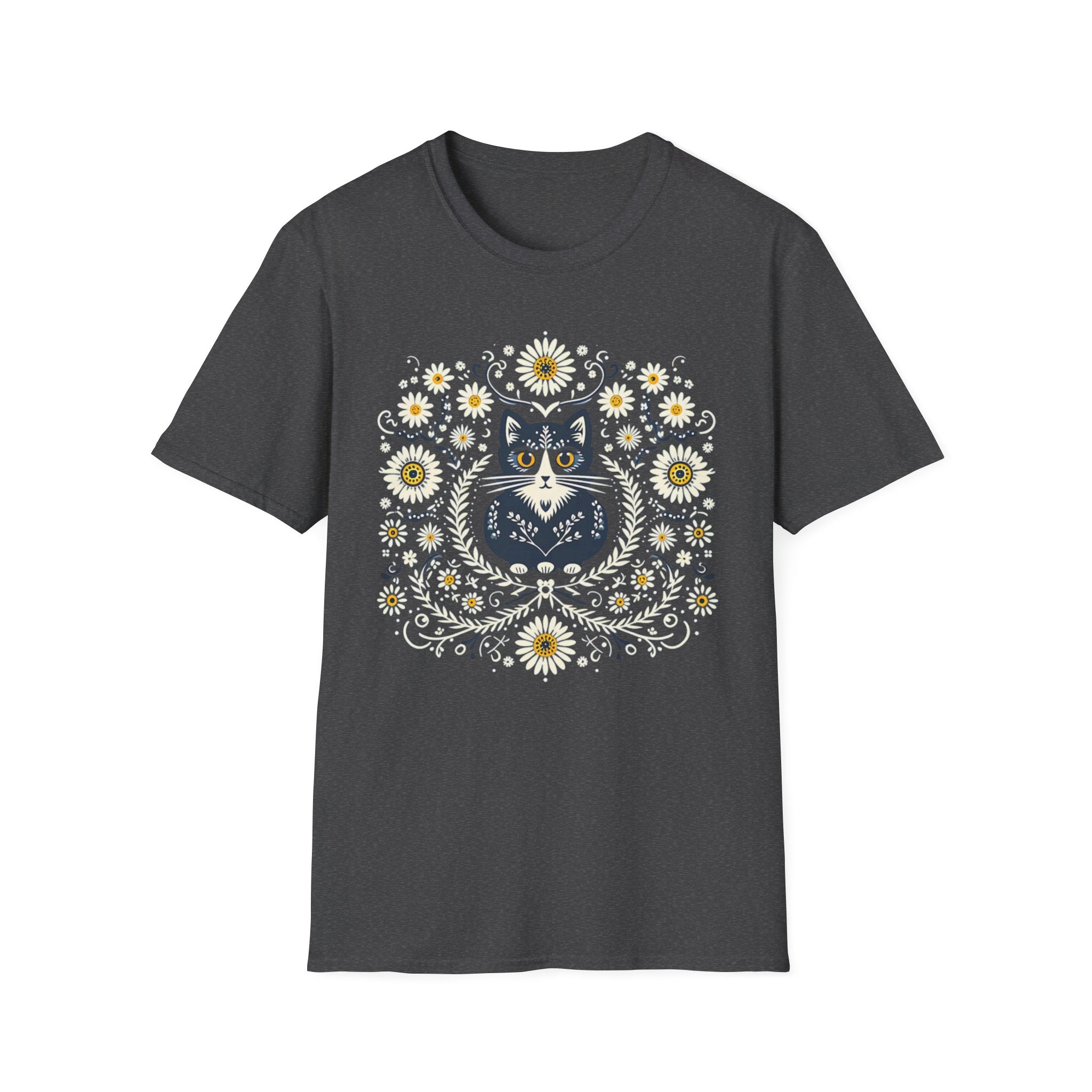 Cat Floral T-Shirt — Folk Art Kitty with Daisies