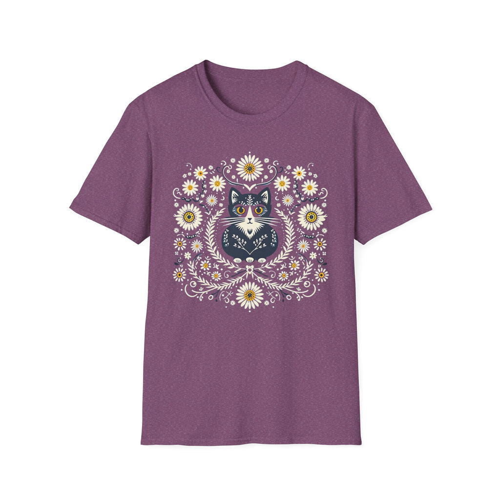 Cat Floral T-Shirt — Folk Art Kitty with Daisies