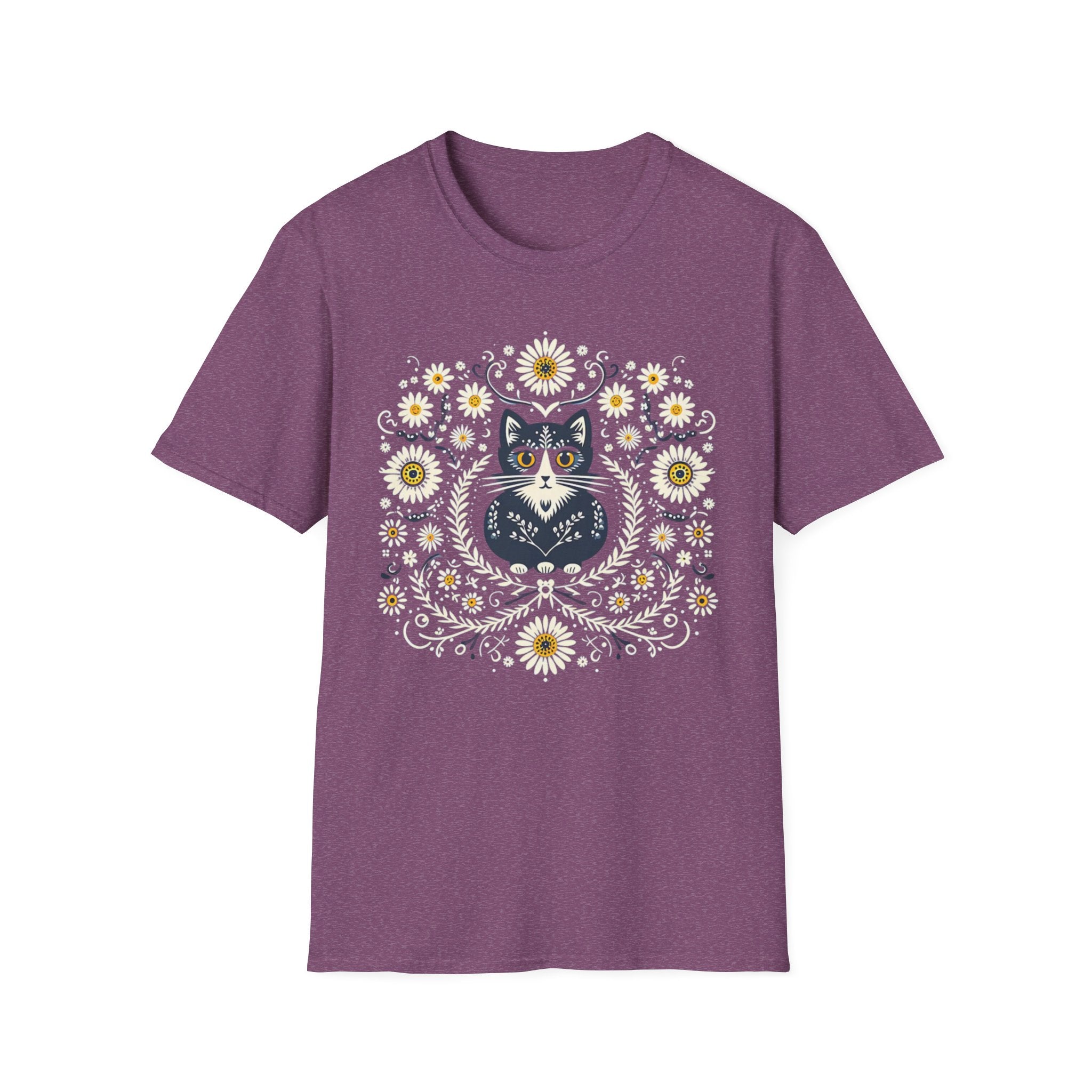 Cat Floral T-Shirt — Folk Art Kitty with Daisies