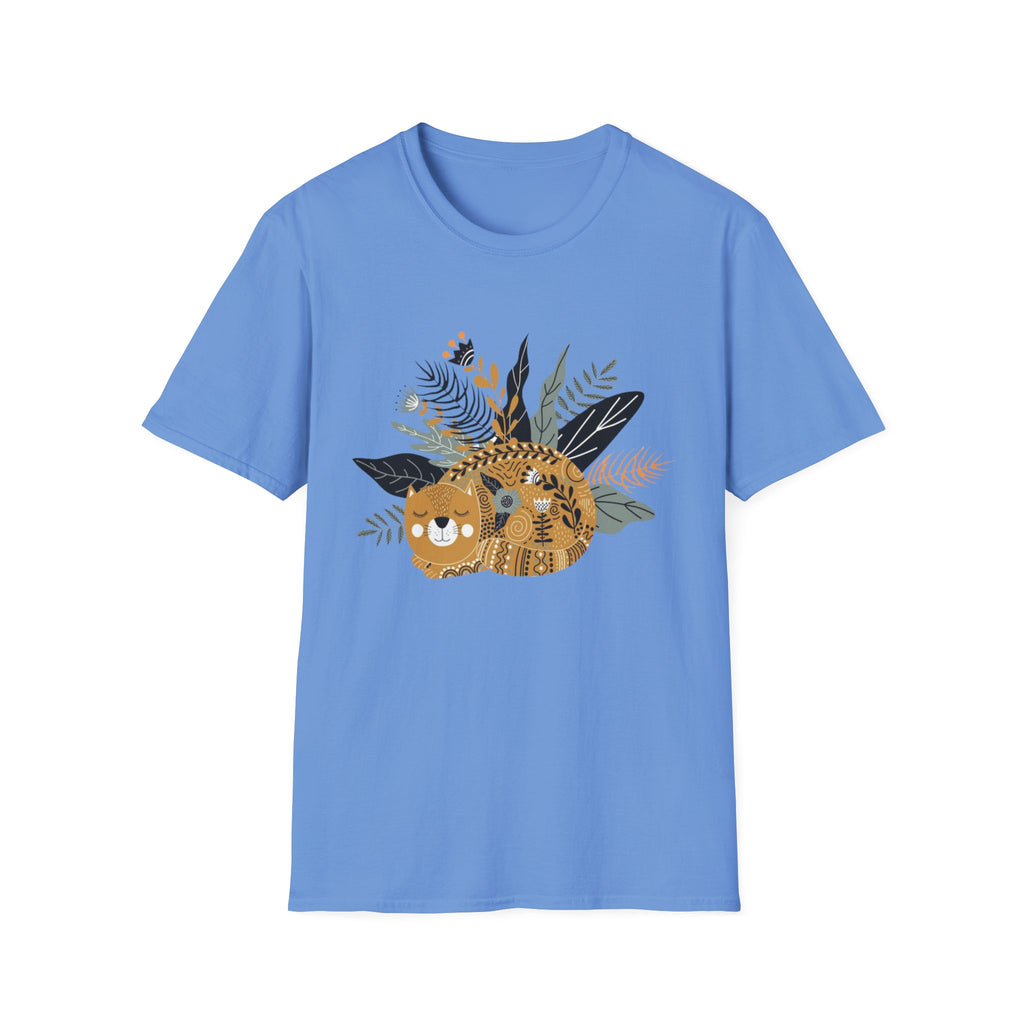 Cat Floral Tee — Cozy Patterned Cat with Botanical Leaves T-Shirt