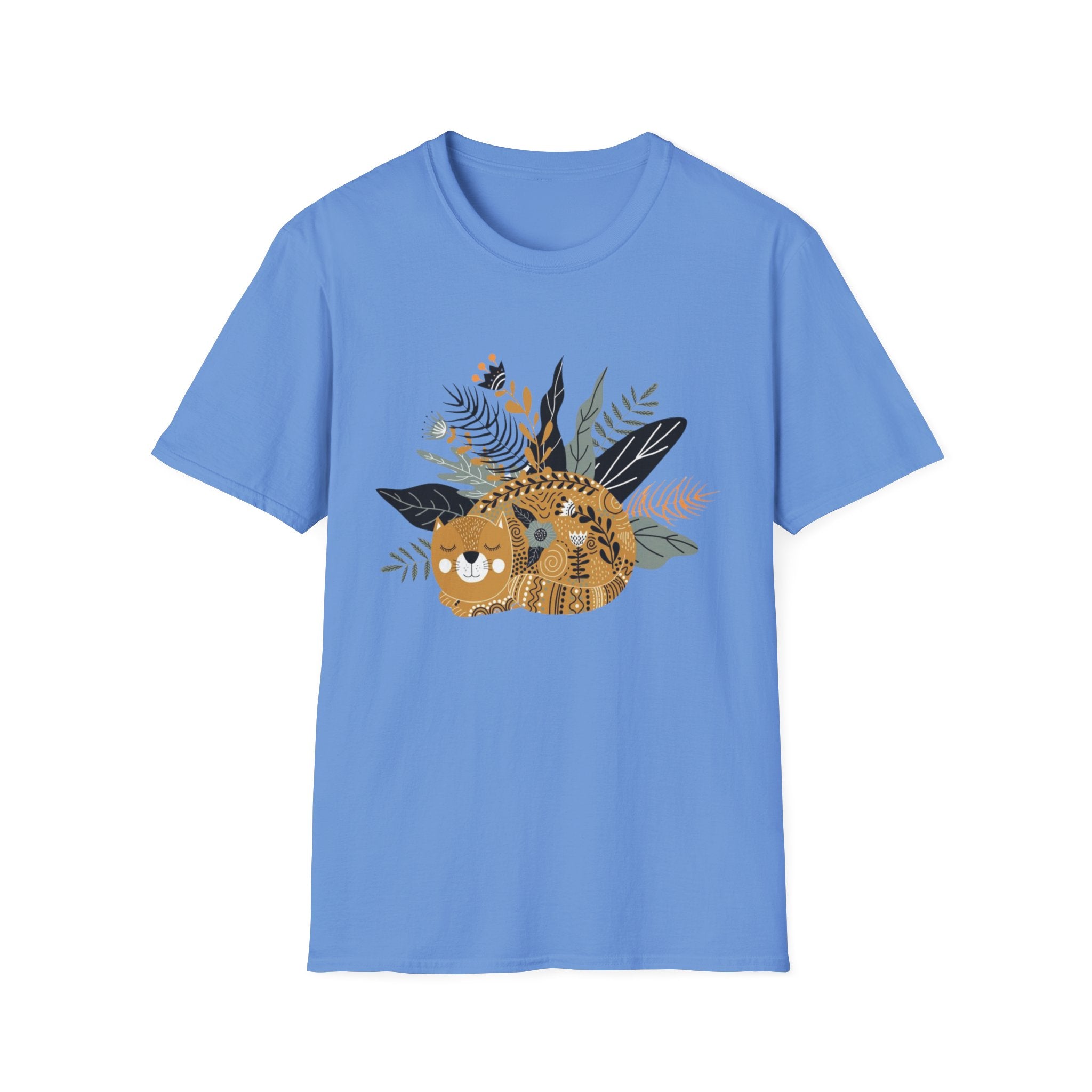 Cat Floral Tee — Cozy Patterned Cat with Botanical Leaves T-Shirt
