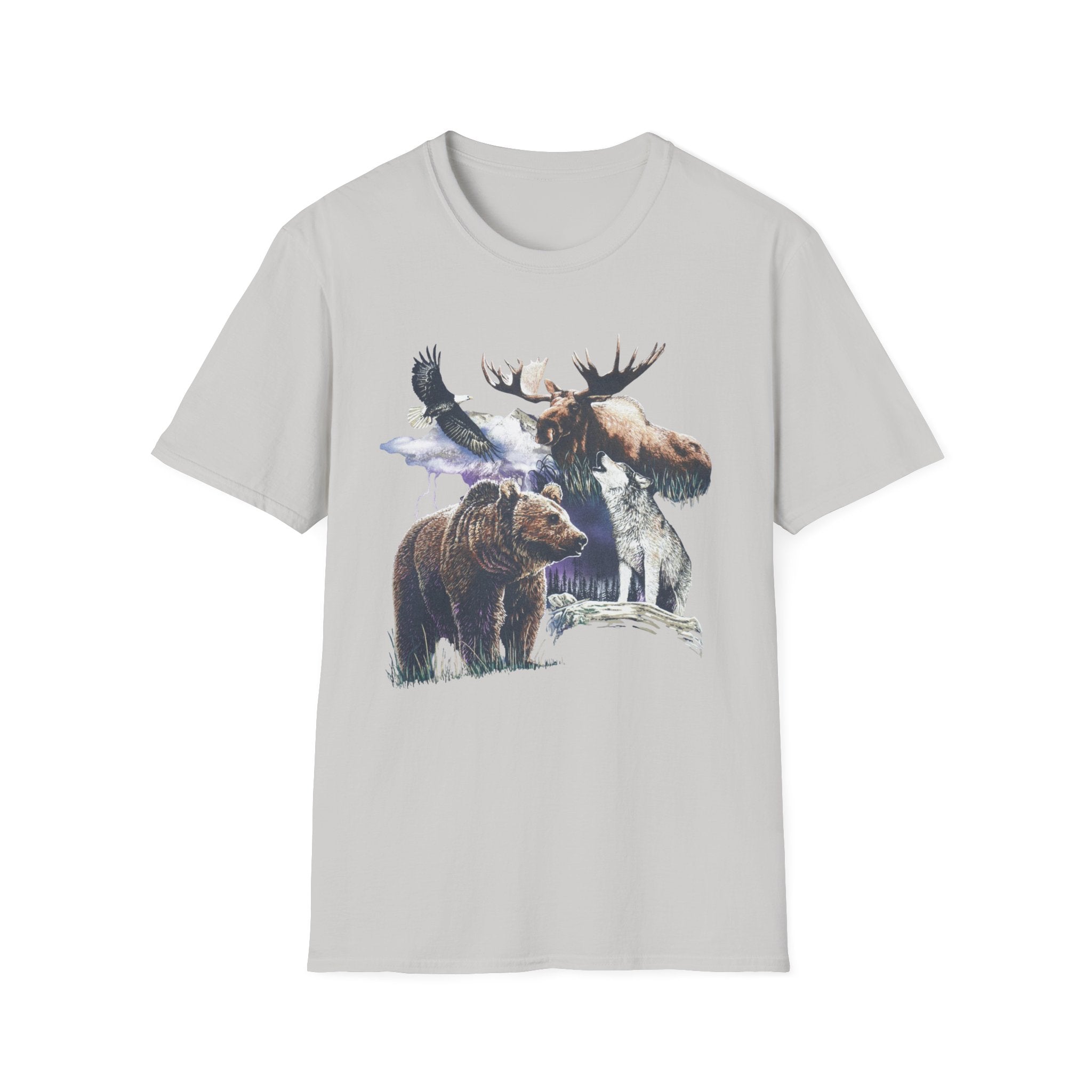 Wildlife Watercolor T-Shirt — Moose, Bear & Eagle Nature Tee