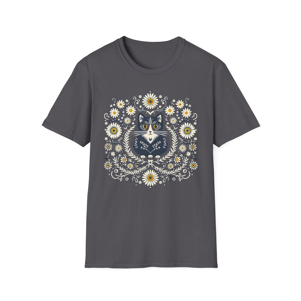 Cat Floral T-Shirt — Folk Art Kitty with Daisies