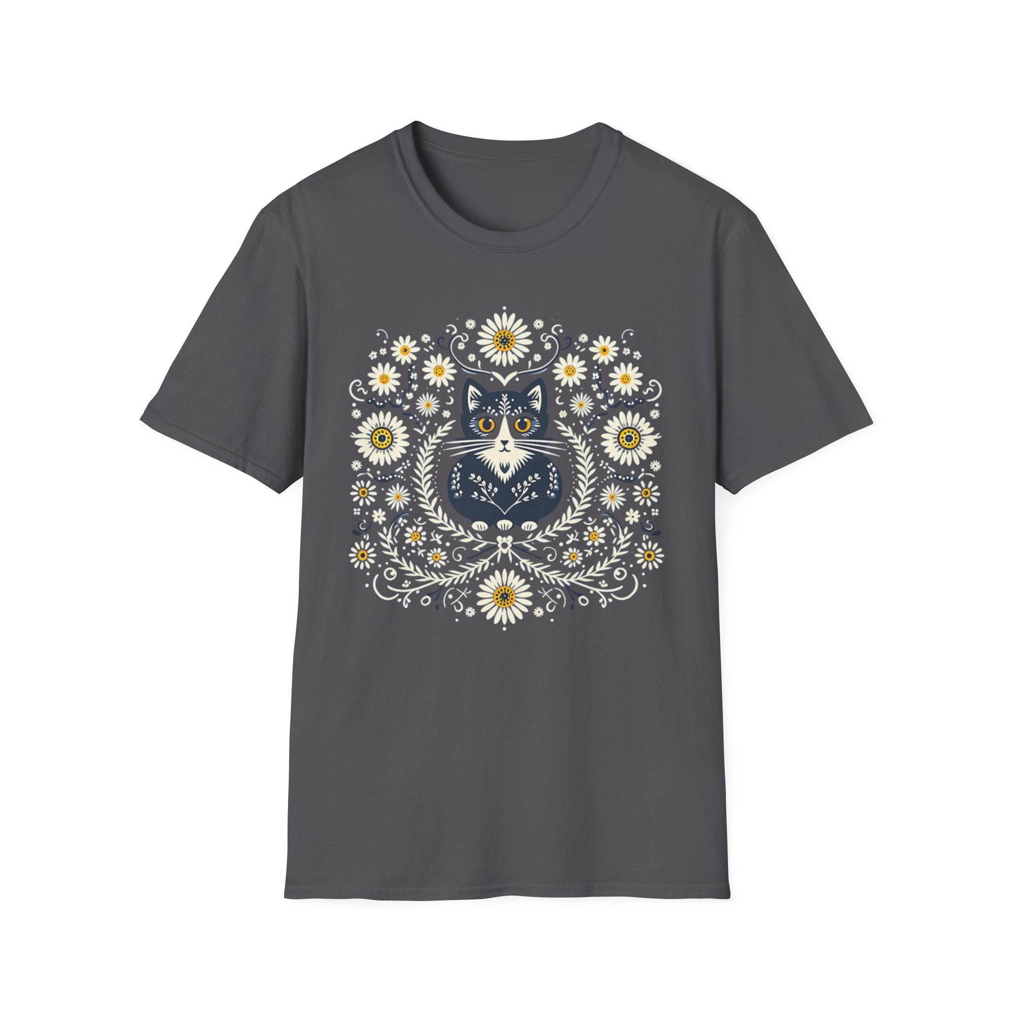 Cat Floral T-Shirt — Folk Art Kitty with Daisies