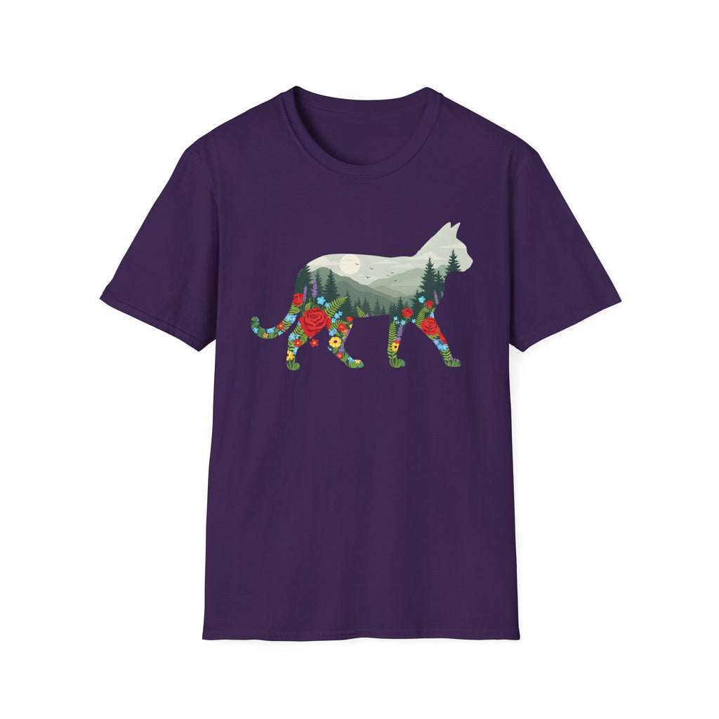 Cat Nature Silhouette T-Shirt — Floral Mountain Landscape Cat Tee