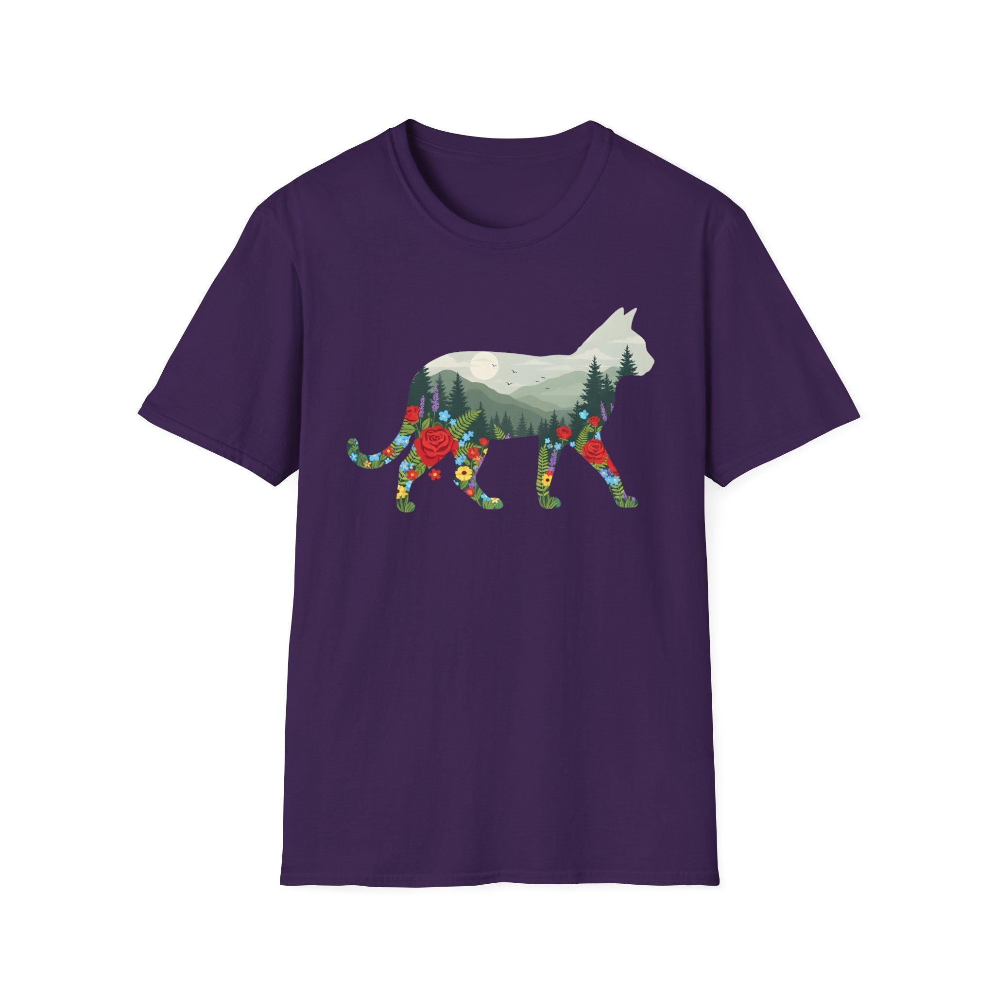 Cat Nature Silhouette T-Shirt — Floral Mountain Landscape Cat Tee